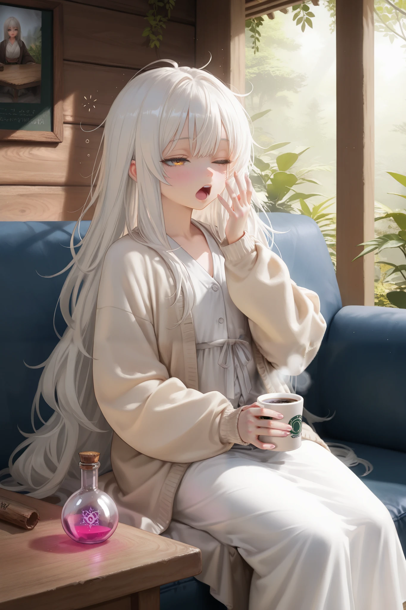 masterpiece, best quality, detailed eyes, semi realistic, 8k, cute, amber eye, cue, white long robe, very long white hair, beige cardigan, sleepy, bored emotion, sitting on sofa, fantasy, jungle wood house background, solo charactor, hikikomori, magic potion on wood desk, naughty, yawn, playful, holding coffee cup