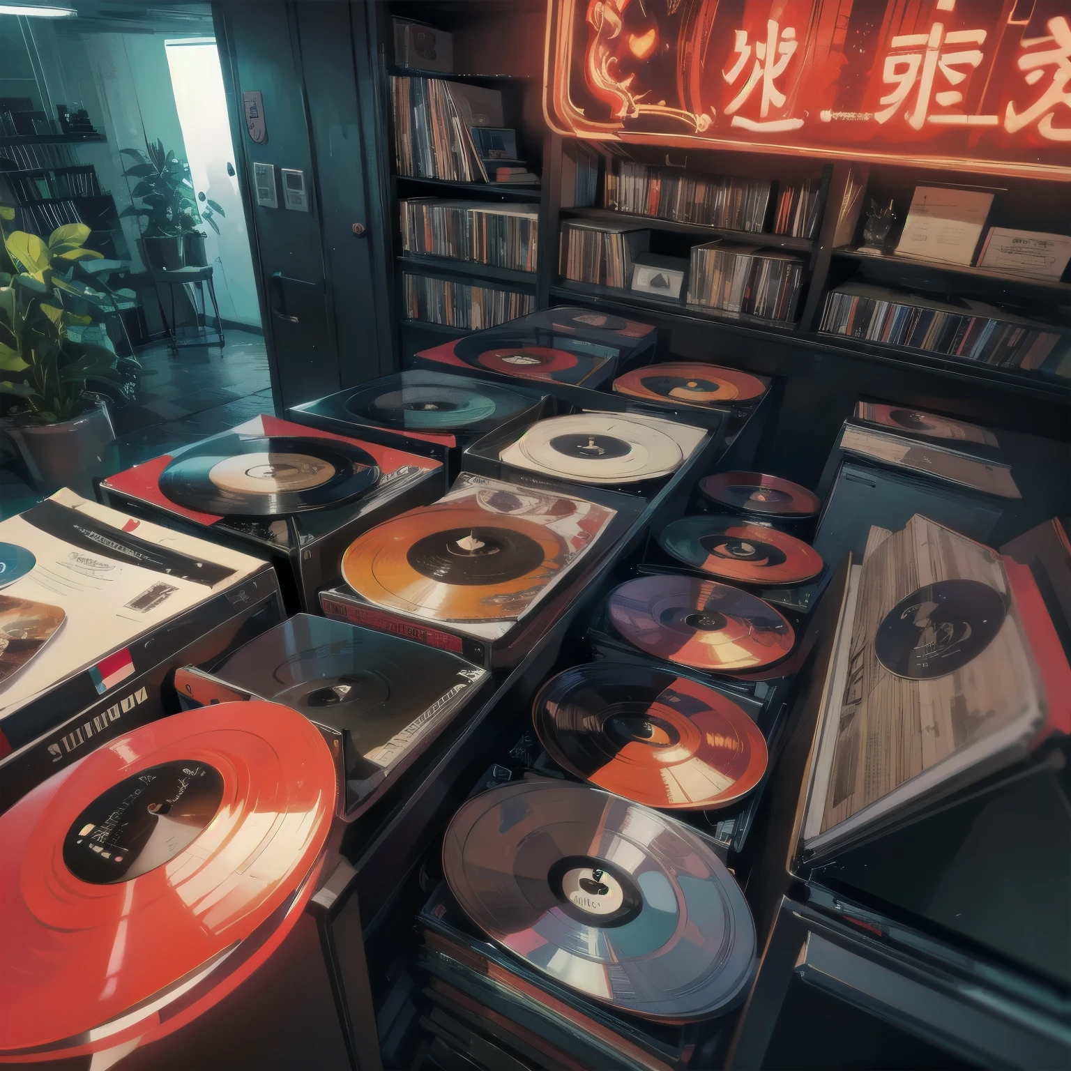 EXTREME QUALITY , Masterpiece, 8k, allows depth of field, intricate detail in wet water, (((unmanned))), space, movie poster, (((Record store))), nostalgia, panorama, Long Hit, (((Records on the shelf.))), ((( Different angles ))),Futuristic interior , (((neon))), (((plant))), ((red)))