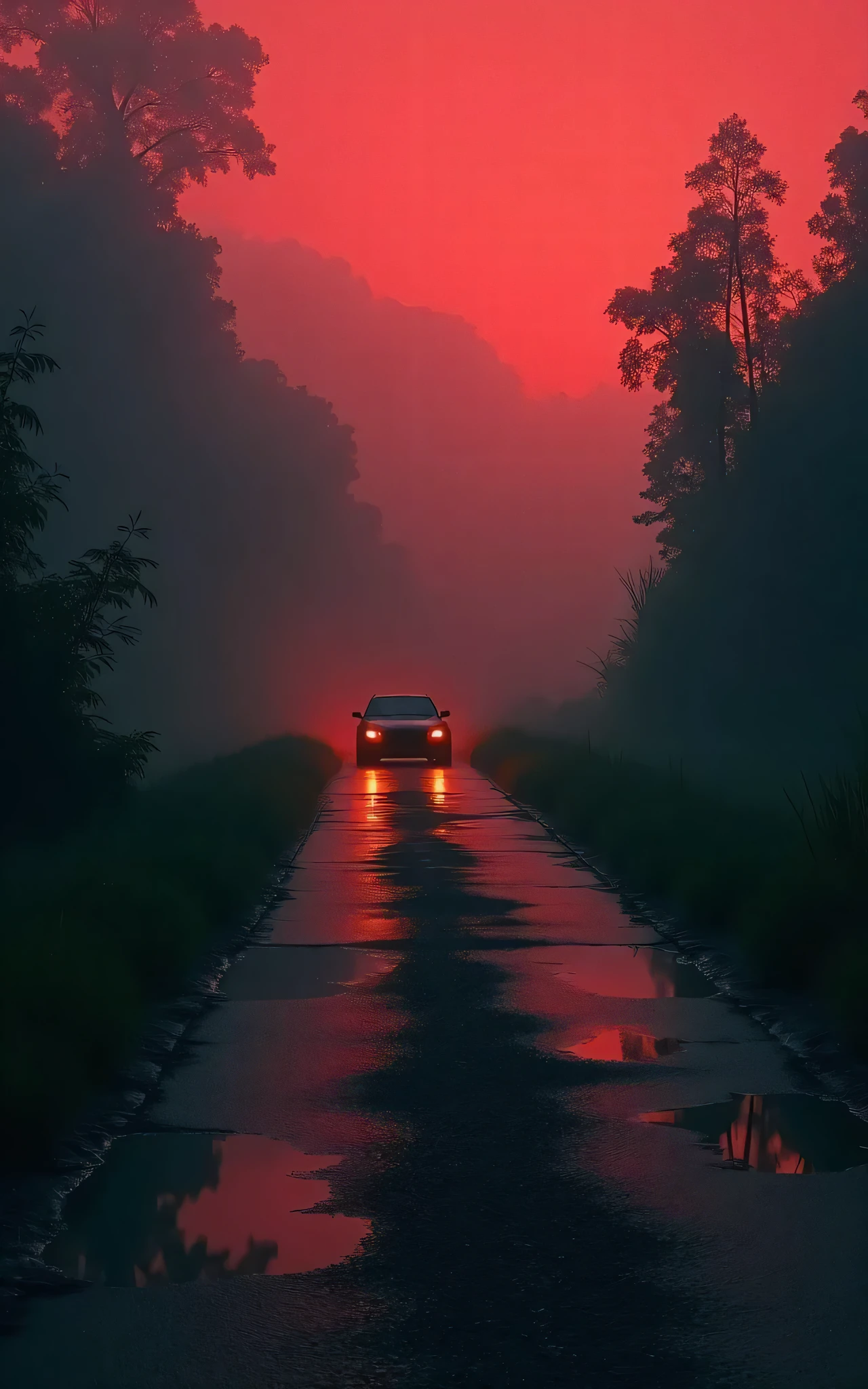 Road with a gloomy red atmosphere, fogg, shadowy, highly dynamic car with Water puddles, jungle both sides.