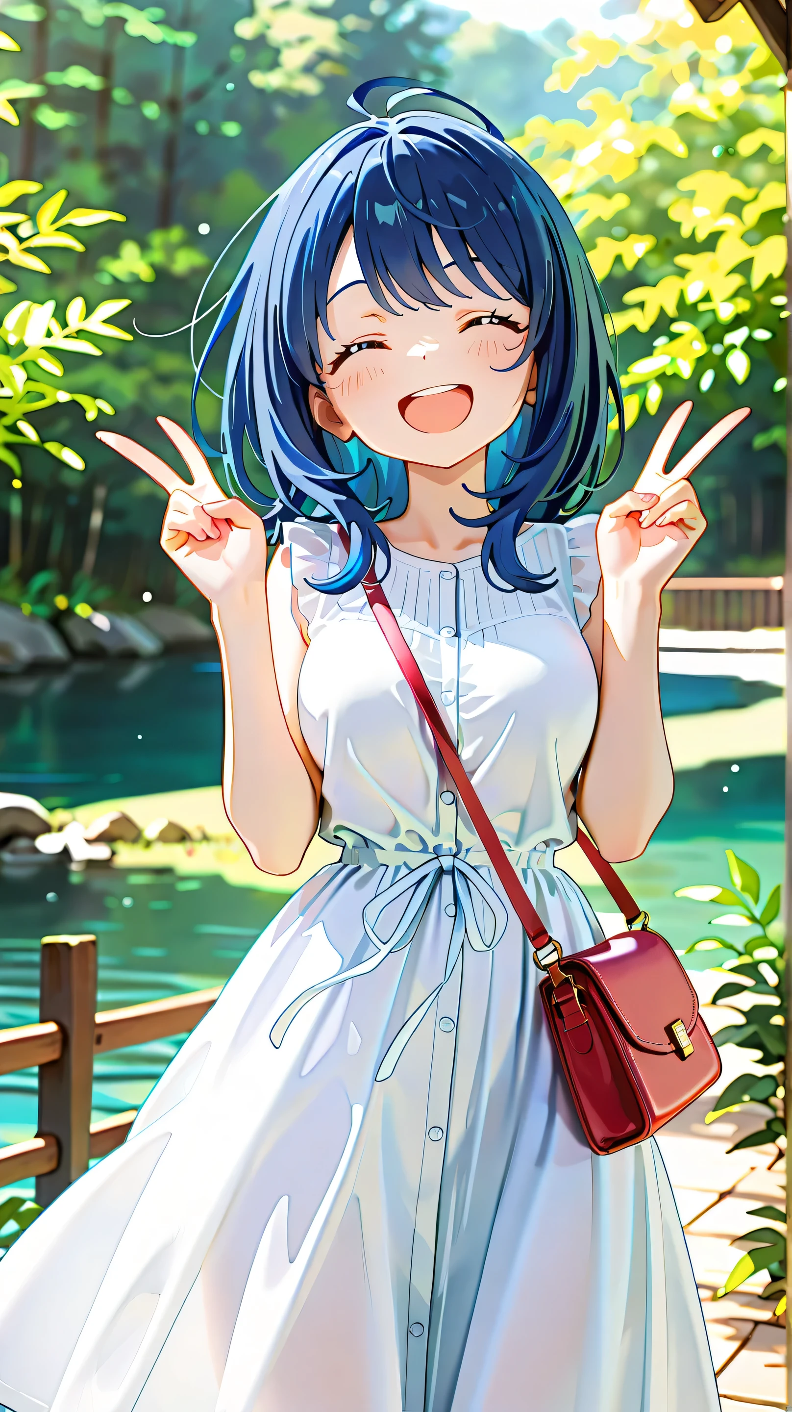 masterpiece, best quality, highly dramatic picture, beautiful eyes, cinematic lens effect, ultra cute, horny , pervert, solo, ecchi, anime, cutesy,nature river,cowboyshot,anna-casual,yanami anna,blue eyes,blue hair,medium hair,white dress,sleeveless,medium breast,wear the long strap bag diagonally over the one's neck to the opposite weist,big smile,closed eyes,opened mouth,(double v sign:1.3)