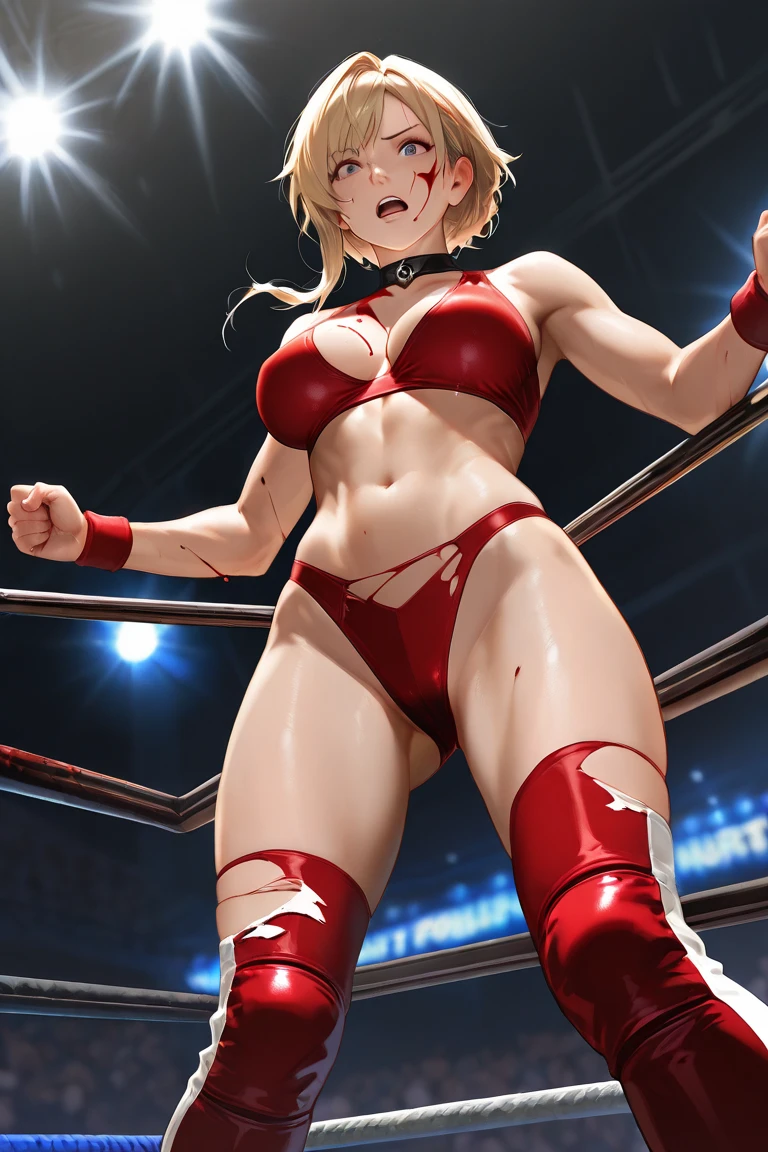 ((masterpiece)), ((high quality)), ((super detailed)), ((high resolution)) ,((8k)), a beautiful woman, ((She is one of the most famous female Gravure idol in the world.)), unparalleled beauty, ((huge breast)), ((large ass)), ((deep cleavage)), slim waist, chest out, ultra detailed face, perfect skin, (((Half-up hairstyle, Blonde Ponytail hair))), blue eyes, detailed eyes, whole body image, (((anime))), ((glamorous)), 24 years old, ((incredibly beautiful woman)), ((The H cup bust)), (((Succubus Outfit, Wrestler Costumes))), ((beautiful breasts)), beautiful legs, 8 life size, anime, the most beautiful and strongest, ((charm)), ((Half Japanese and half British)), ((Grown-up face)), ((Open Finger Gloves, Five fingers)), (((Women's mixed martial arts, A fighting arena surrounded by wire mesh))), ((Ring name: Milk Tank)), ((Gravure idol and martial artist)), ((A neat and beautiful woman)),