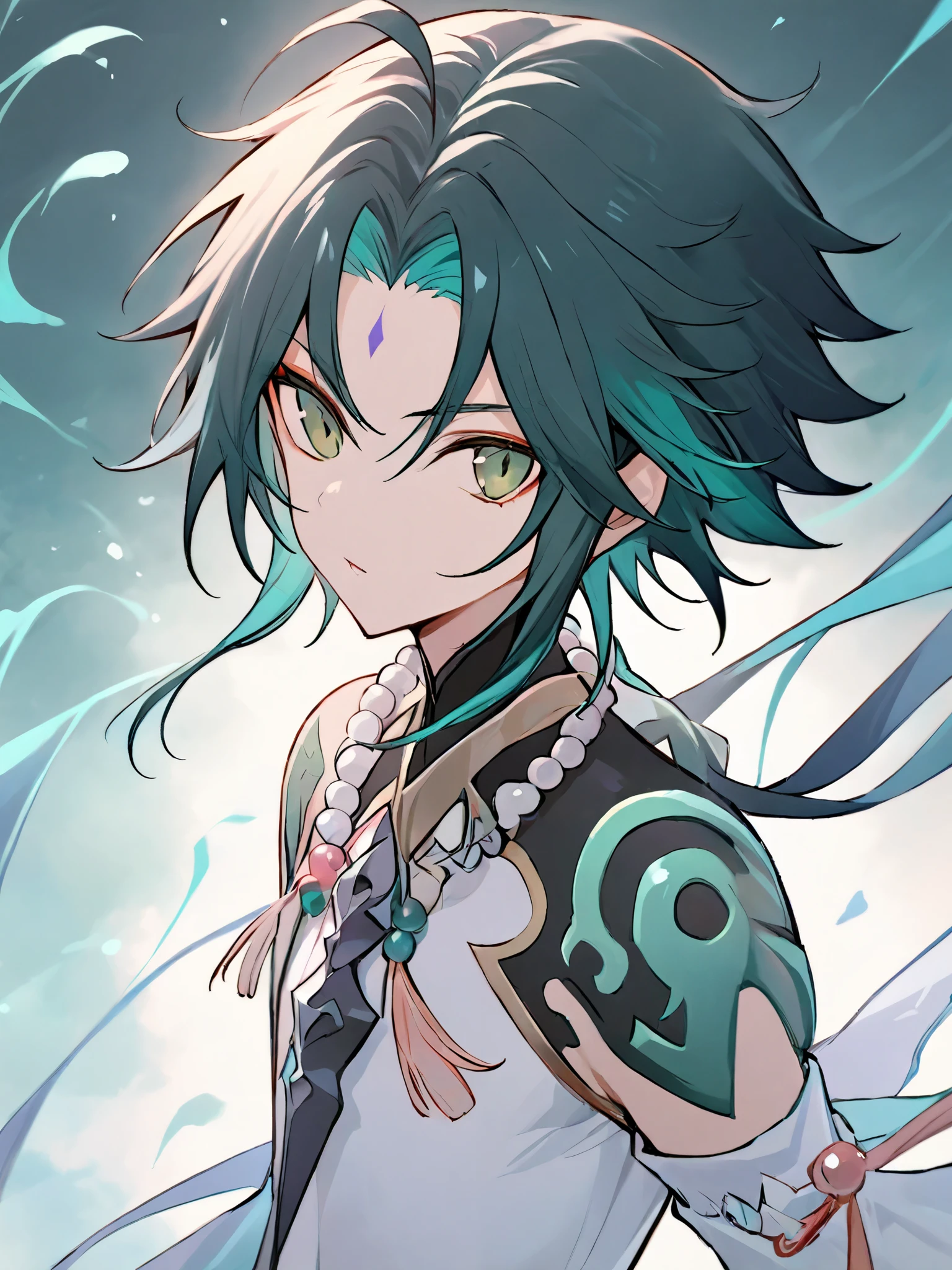 ultra-detailed,(best quality),((masterpiece)),(highres),original,extremely,(\xiao\),1boy,solo,jewelry,beads,bead necklace,ahoge,bangs,tassel,かわいい