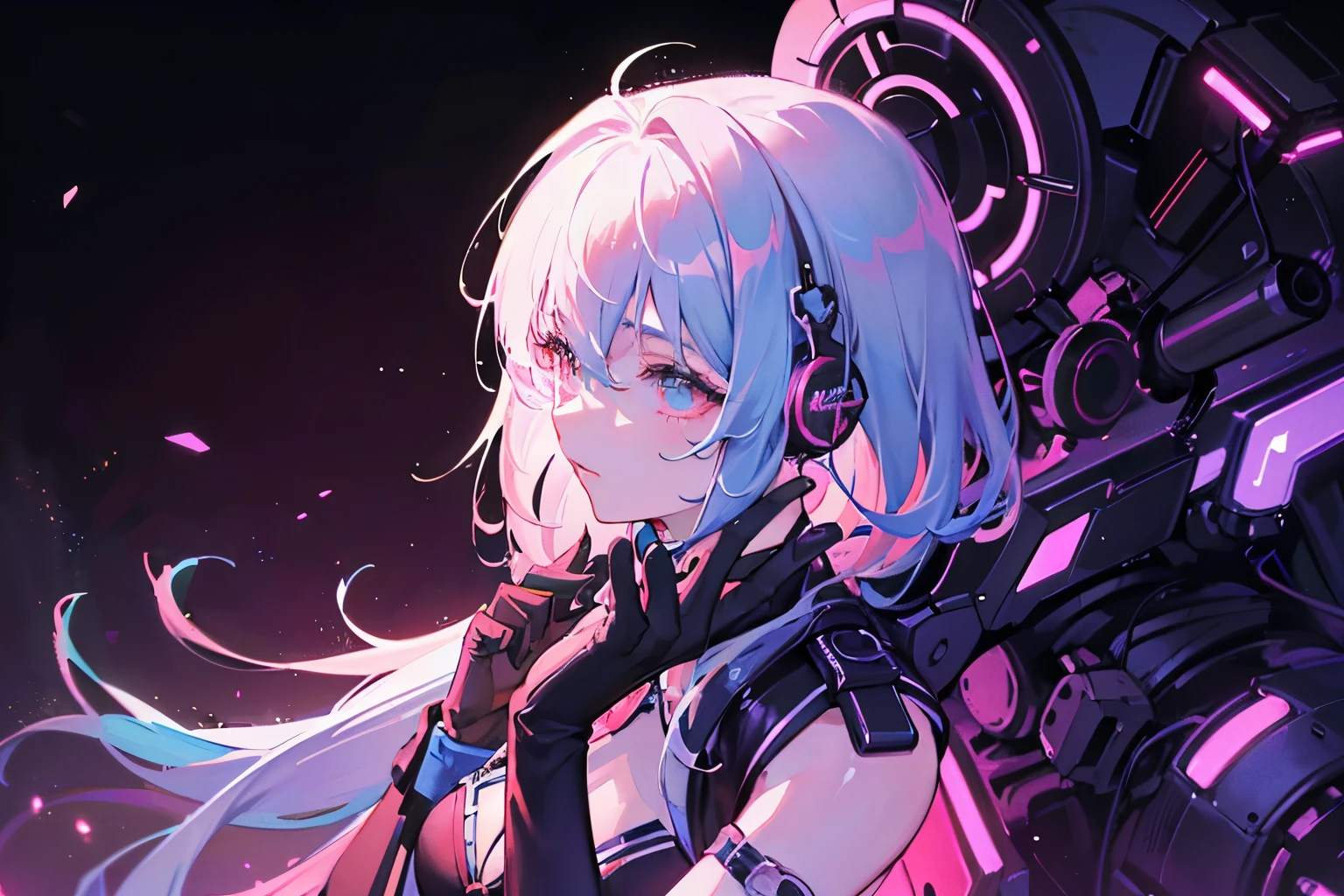 The background is a modern urban building in a high-rise building,A girl looks out through a window,White ponytailed hair,Round earrings,Kazilan's eyes widened,Messy hair,Blue pupil,The chest is slightly larger,Show some shoulders,The expression was a little surprised,The skin is white and smooth,Stylish purple and black coat,Headset