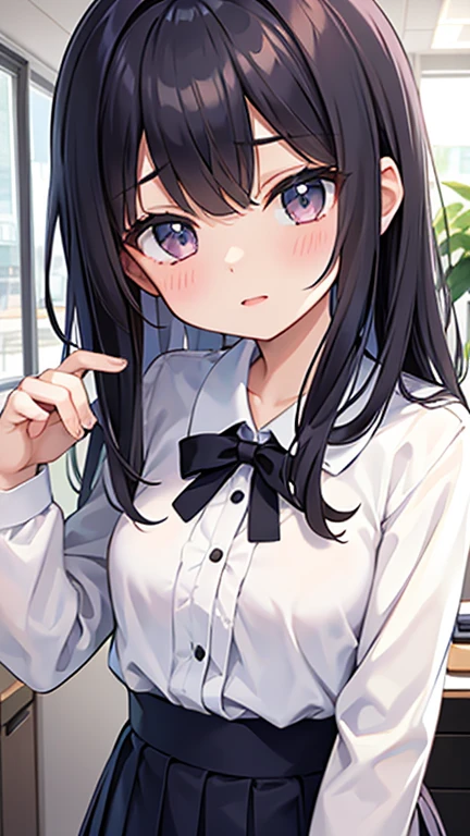masterpiece,best quality at best,Japan,gesture,_gesture,1 sister,blush,Awak,Tongue rest_go out, best quality, Ultra-high detail, The real Chinese dream, Short hair details, Braided Hair, Brown hair, Violet eyes, black泽福, Green tie, black裙子, black,,Transparent milky texture on face,in the classroom,black色水手服,lie
