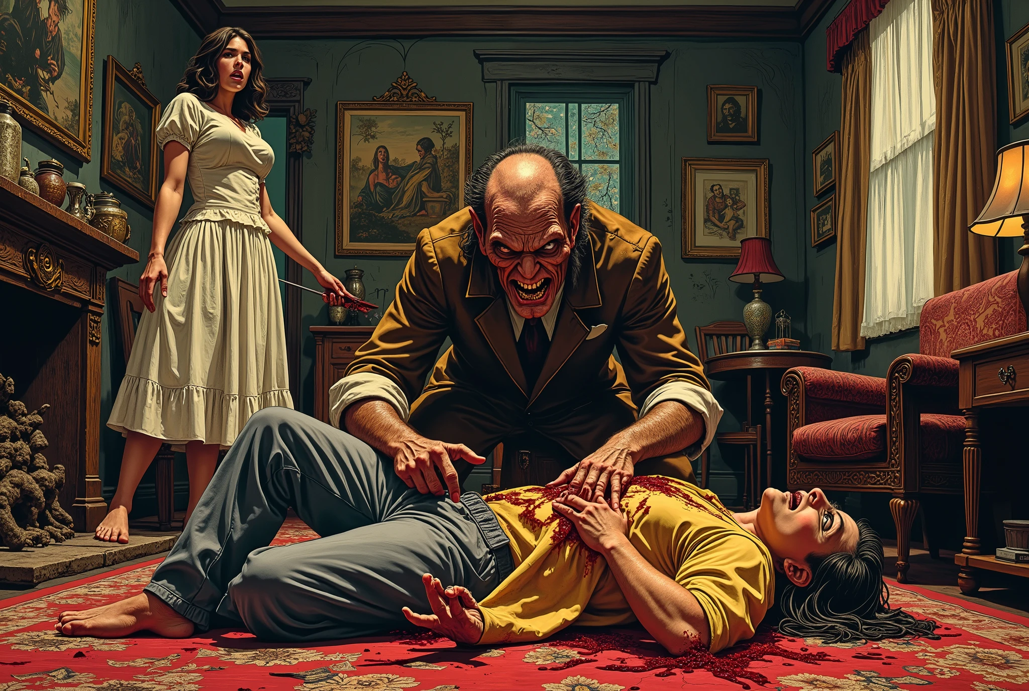 60's horror film, hunchback killer with ugly scary face, chopping up a man who is laying the floor, a terrified woman watches, screaming into the back of her hand, the violence occurs in the living home of an old house in the country, lurid vivid colors, retro 60s sci-fi horror movie aesthetic, bloody, gory, scary, movie poster vibe, bold colors, detailed, erotic, NSFW, lurid and vivid colors, detailed, intricate, gouache paints, European fumetto style, Frazetta, Mort Künstler, Basil Gogos, Graham "Ghastly" Ingels, volumetric lighting, classic horror comic aesthetic