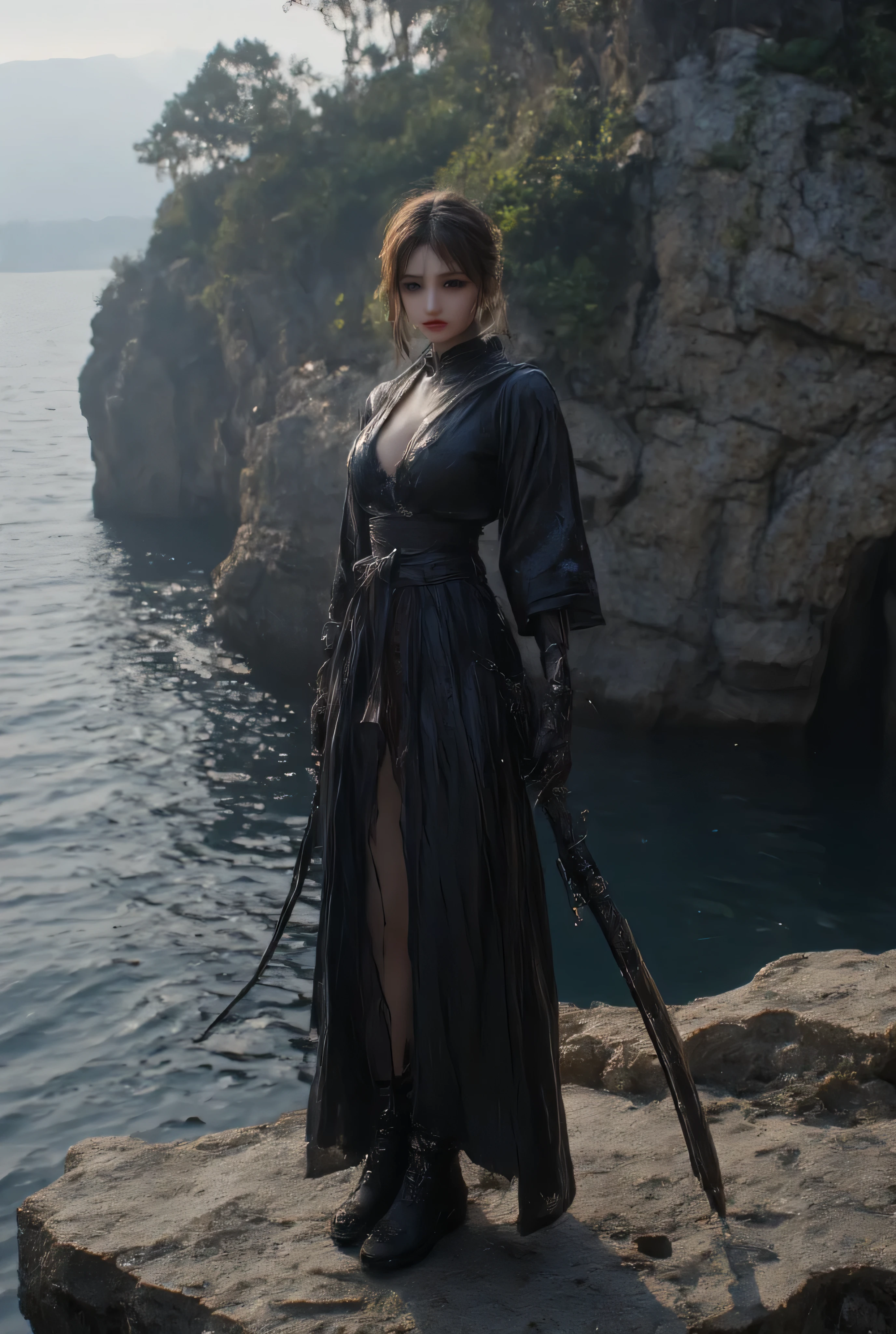 NSFW erotic beautiful  girl standing on a cliff,  wearing a sexy black traditional Japanese kimono、 extremely detailed and realistic uniform ,  holding a huge Katina , big push up breasts,  beautiful faces ,  seductive look,  sexy makeup,  super real,   intricate detail in wet water,   cinematic lighting  ,  dramatic atmosphere , Fantasy ,  bright colors, Masterpiece,  Octane Render 