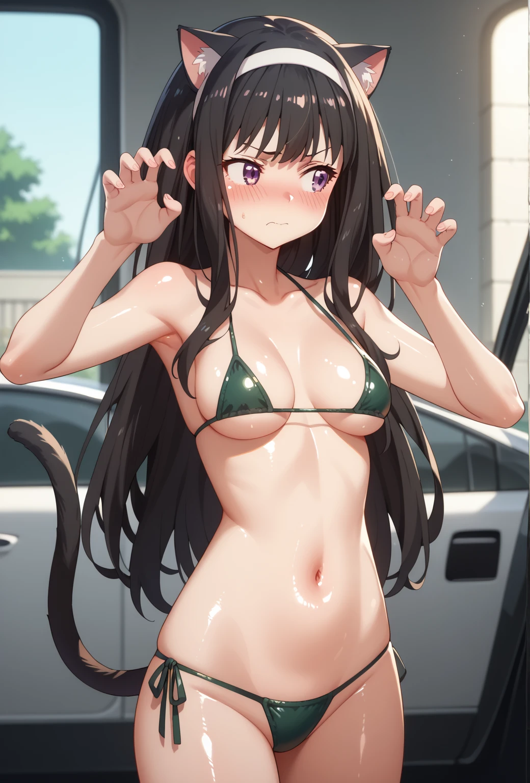 at distance, cowboy shot, na-na kim_(andava), sitting in the back of a car, legs wide open, showing her crotch to viewer, cameltoe, (flirting gaze), (black bikini:1.3), pubic hair