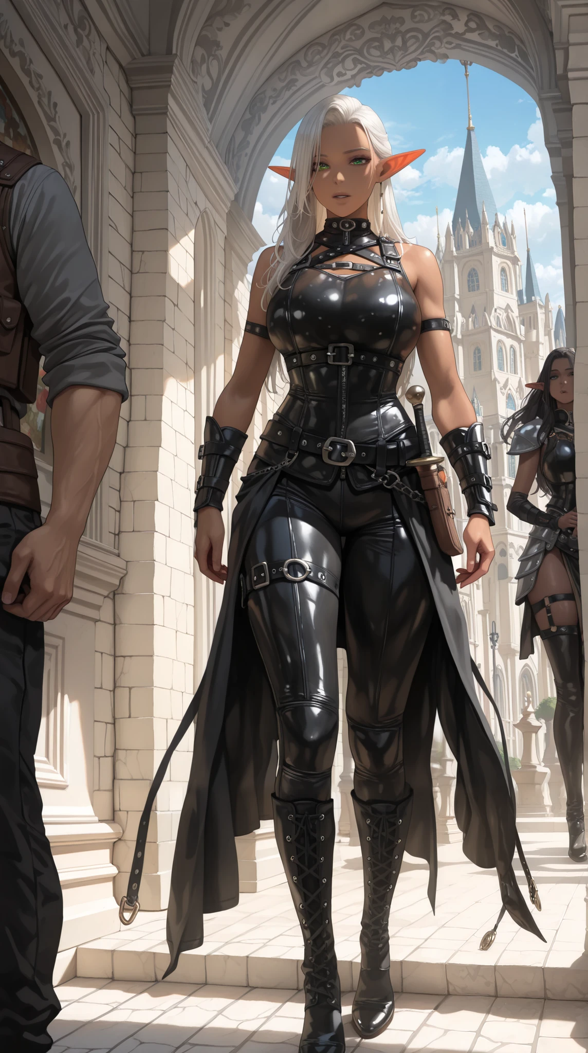 (( best quality )),( super high definition),( very detailed),( Detailed explanation ),(( best CG )),( Best Works of Art ), Ultra Precision Art, amazing painting art ,( Exact Detailed Art:1.5), Female Dark Elf, sleeveless leather armor, Calm, 