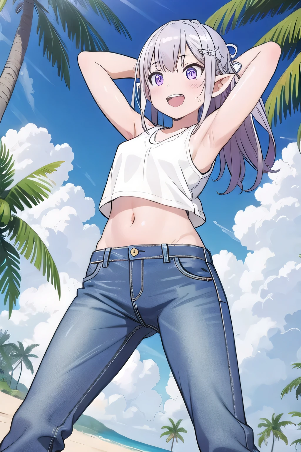 masterpiece,best quality,ultra detail, ((Perfect Face, Perfect Arms, Perfect hands, Perfect Fingers)), 1girl, , peti ((round face, ecstasy, orgasm face, drooping eyes, shame smiling, blush)), dropping eyes, sleepy, Open mouth, ((White teeth)), background((under the beach, (day:1.2), palm tree, bright sky)), emilia, braid, crown braid, flower, hair flower, hair ornament, hair ribbon, long hair, pointy ears, (purple eyes:1.2), white hair, x hair ornament, ((arms behind head, hands behind head, fingers behind head)), contrapposto, spread armpits, looking at viewer,, (white tank top:1.2), (white crop top:1.2), (jeans pants:1.2, flares jeans:1.2, skinny jeans:1.2, blue jeans:1.2), standing, (legs spread:1.4), sex pose, Sweaty crotch, Steam from the crotch, from below, ((full medium body))