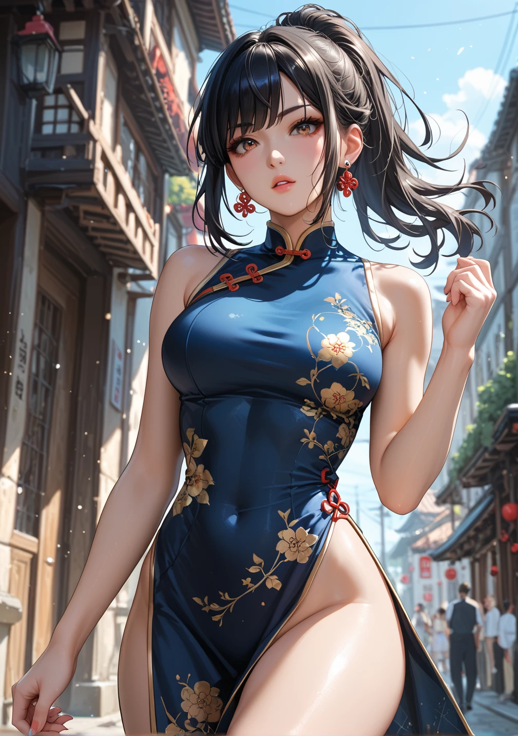Masterpiece, Score_9, score_8_up, 8k, ultra-detailed, Ultra-high resolution, high-quality, yushuxin, donghua girl, 1girl, cute, perfect anatomy, black hair, bangs, black eyes, crown, arm bracelets, chinese dress, sleeveless dress, arms up, tying hair, sexy, medium breasts, no panties