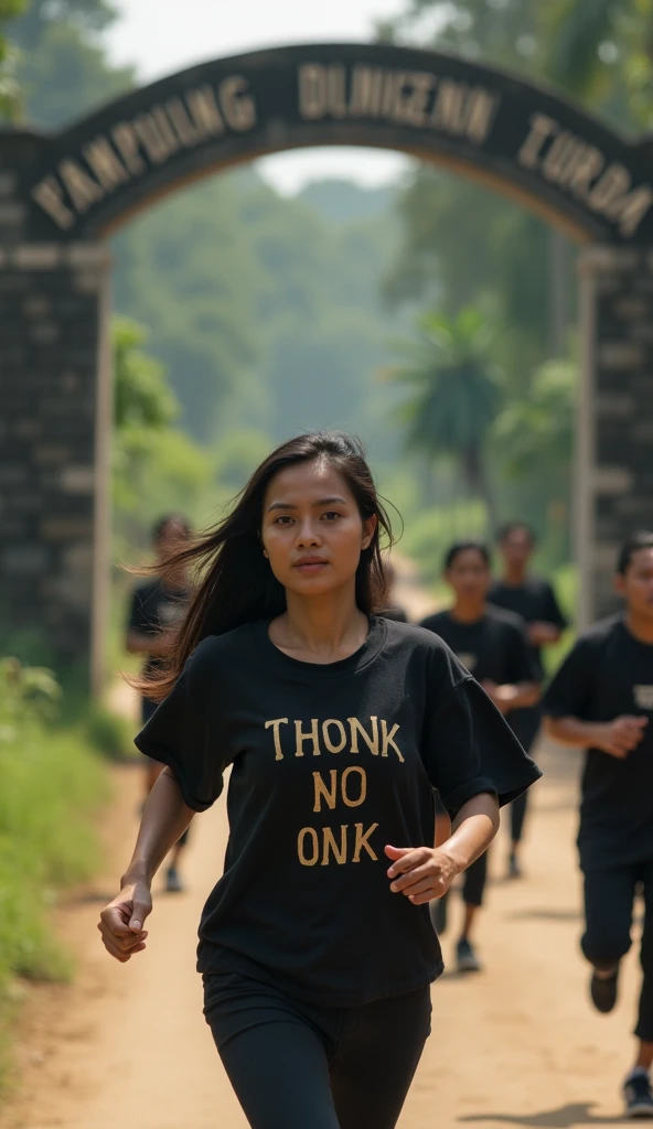 reads, A beautiful Indonesian woman, wearing a cream coloured t-shirt with a strong vector design featuring a silhouetted image of a downward arrow symbol in an orange colour full of splash blood. The phrase "ANTRI" is displayed in elegant and simple bold letters, distressed typography with pastel colours, while holding her miniskirt, short wavy hair, one handed pose pointing cameramen, in a public place, surrounded by many naked men, seductive pose, jav idol, with front shooting angle, very realistic, (complex detail: 0.9), (hdr, hyperdetail: 1.2), RAW, Sony Alpha a9 II, 24-105mm f/4, HDR,