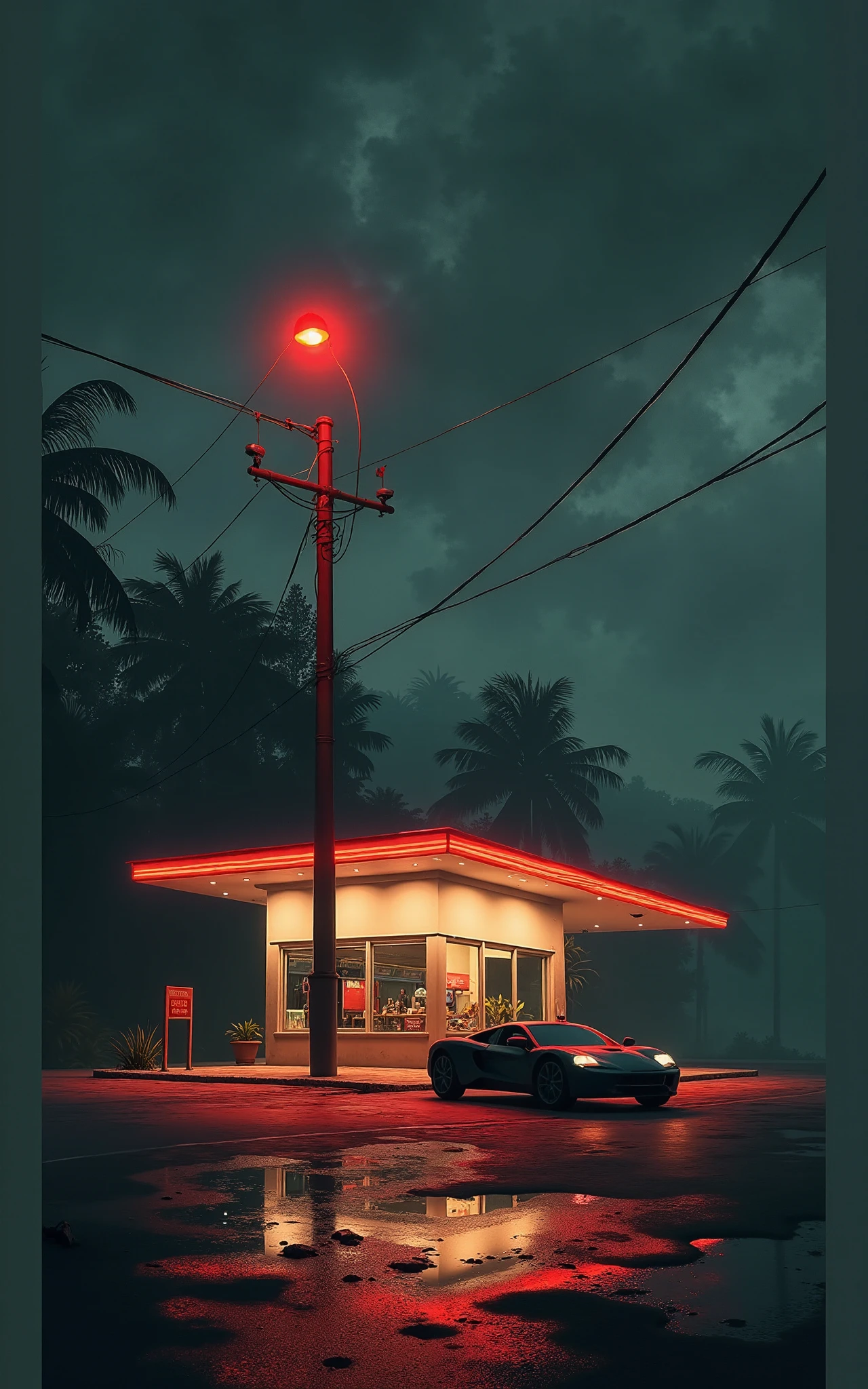 Road with a gloomy red atmosphere, fogg, shadowy, highly dynamic car with Water puddles, jungle both sides.