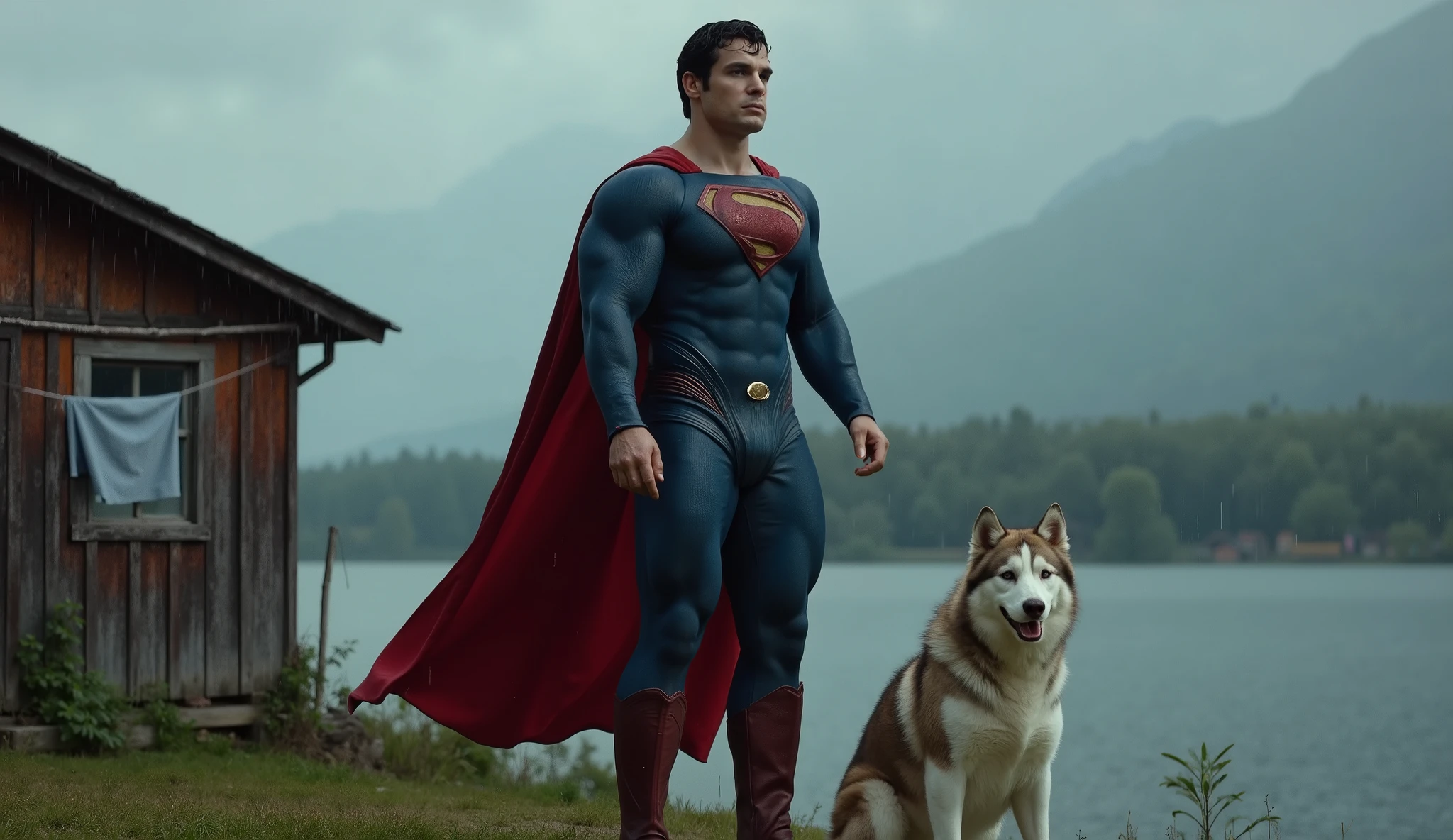 A muscular dc super man,henry cavil, square face, skin color white , on beautiful face, ,wearing dc super man costumes, his pet dog a brown white husky sitting besides him,background a, lake area,Next to it is a wooden house, clothes hanging on a rope, raining, dc super man movie scene,