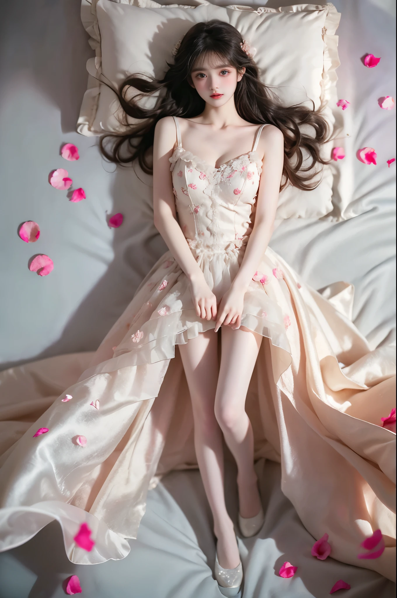 flower_dress ,,(photorealistic:1.2), (from above:1.3), beautiful woman, (Full bust, visible cleavage, very short hemline), (A lot of scattered rose petals, flying petals), fashion model, long legs, laying on luxury bed in classical romantic bedroom, knee bent upward, delicate fingers lifting skirt hem to thigh, (perfect body proportions:1.3), anatomically correct legs, elegant pose, soft ambient lighting, shallow depth of field, 85mm lens, high-end fashion photography, detailed skin texture, fine fabric details, (high quality:1.4), masterpiece, 8k uhd