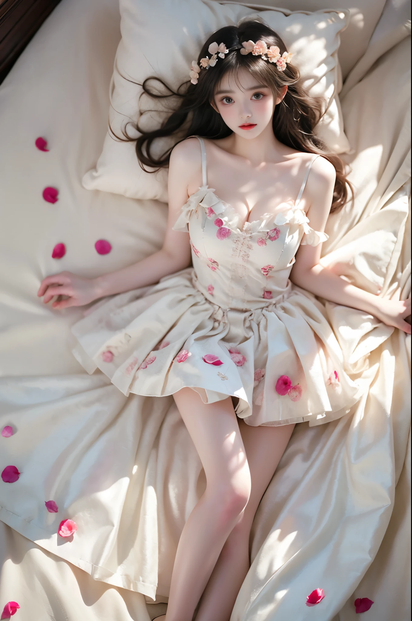 flower_dress ,,(photorealistic:1.2), (from above:1.3), beautiful woman, (Full bust, visible cleavage, very short hemline), (A lot of scattered rose petals, flying petals), fashion model, long legs, laying on luxury bed in classical romantic bedroom, knee bent upward, delicate fingers lifting skirt hem to thigh, (perfect body proportions:1.3), anatomically correct legs, elegant pose, soft ambient lighting, shallow depth of field, 85mm lens, high-end fashion photography, detailed skin texture, fine fabric details, (high quality:1.4), masterpiece, 8k uhd