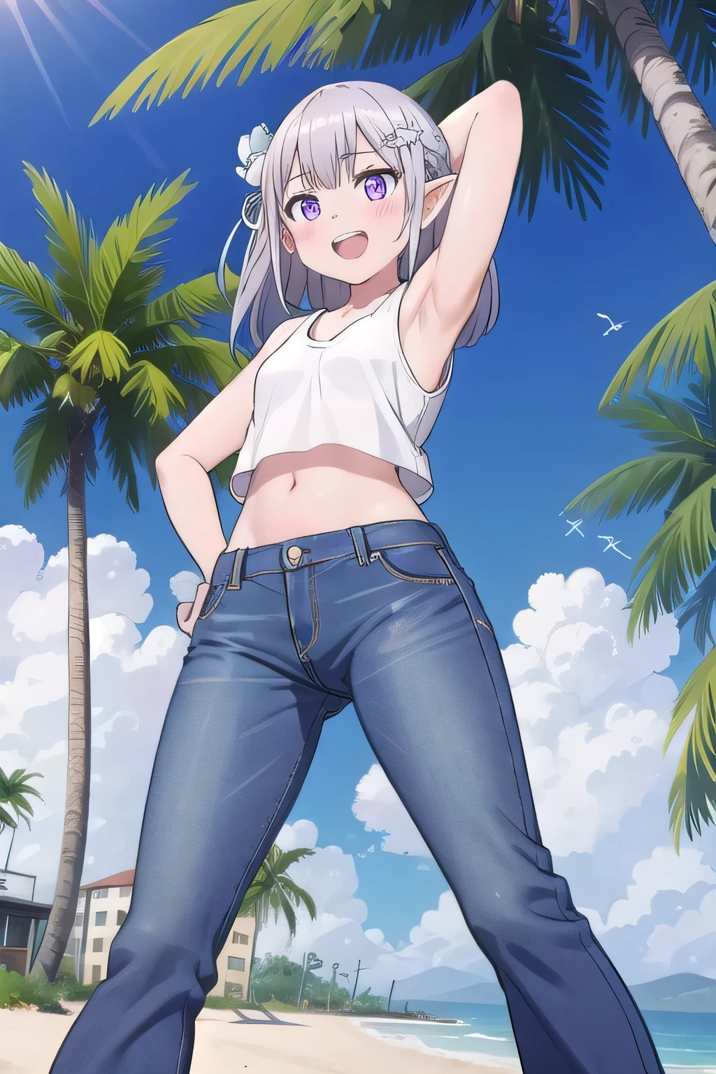 masterpiece,best quality,ultra detail, ((Perfect Face, Perfect Arms, Perfect hands, Perfect Fingers)), 1girl, , peti ((round face, ecstasy, orgasm face, drooping eyes, shame smiling, blush)), dropping eyes, sleepy, Open mouth, ((White teeth)), background((under the beach, (day:1.2), palm tree, bright sky)), emilia, braid, crown braid, flower, hair flower, hair ornament, hair ribbon, long hair, pointy ears, (purple eyes:1.2), white hair, x hair ornament, ((arms behind head, hands behind head, fingers behind head)), contrapposto, spread armpits, looking at viewer,, (white tank top:1.2), (white crop top:1.2), (jeans pants:1.2, flares jeans:1.2, skinny jeans:1.2, blue jeans:1.2), standing, (legs spread:1.4), sex pose, Sweaty crotch, Steam from the crotch, from below, ((full medium body))