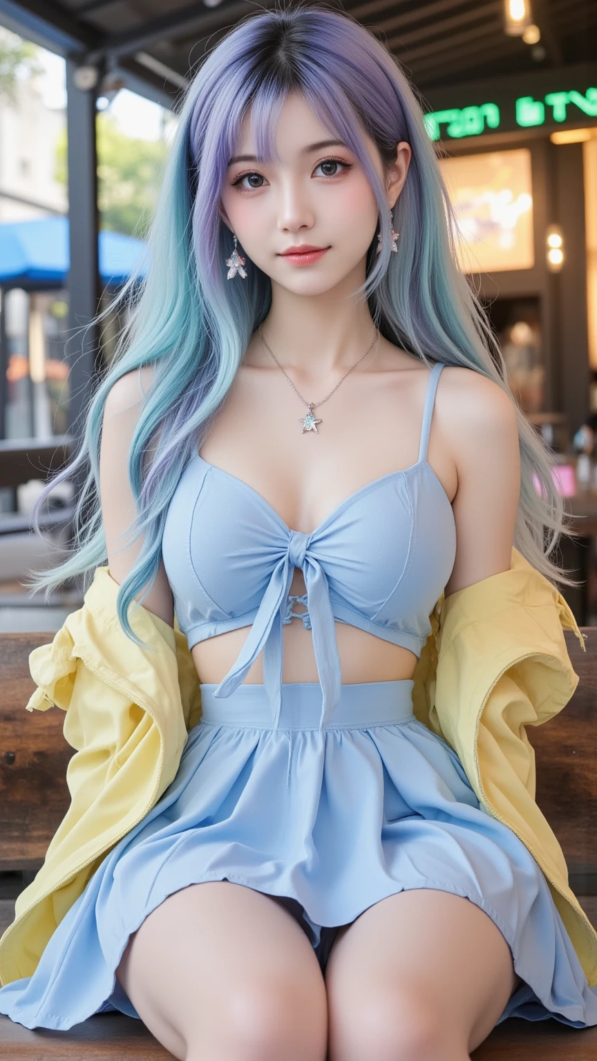 masutepiece, Best Quality,8K,highest grade, absurderes, Extremely detailed, nefertari vivi, 1 girl, Solo, Looking at Viewer, long wavy light blue hair, with two locks hanging down, one on either side of her head, which started out at about chin-length, She is most often、I wear it with my hair pulled back into a ponytail, and brown eyes, she is wearing a dancer outfit with a blue-pink top, blue-pink long skirt, and a white scarf, (Castle background),///,Details Eye Makeup、Sit up