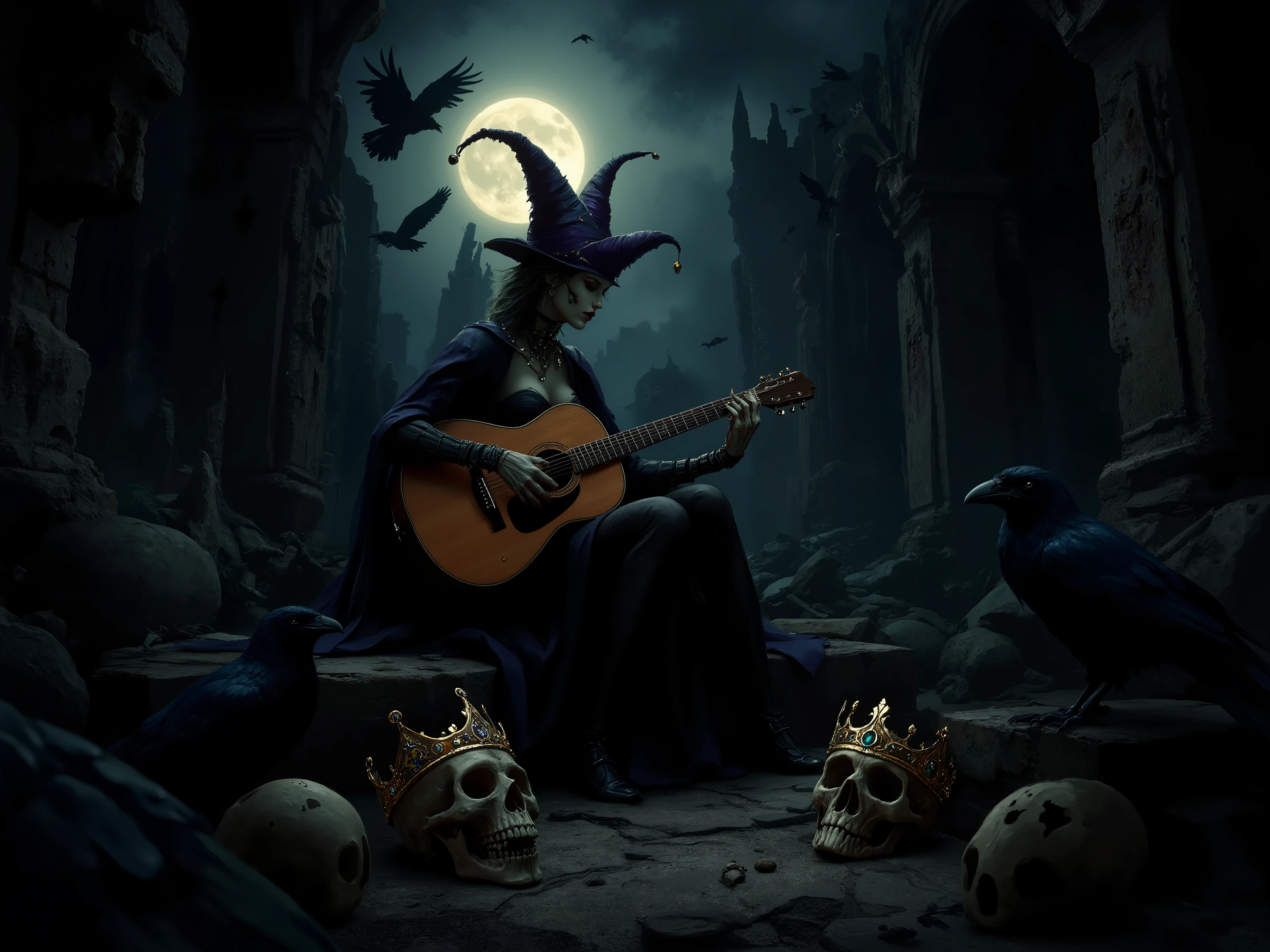Hyperrealistic concept art of an otherworldly scene nestled in decrepit ruins, female skeleton adorned in Jester's cap strums a guitar, royal skull crown discarded beside it, encircled by crows under a luminous moon, atmospheric ambiance, dramatized by deep shadows, echoing the grandeur of Mike Davis and Ralph Bakshi, balanced composition, rich deep color palette, intricately detailed, digital painting, ultra fine details.