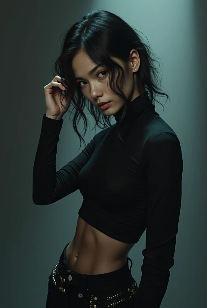 Full body photo of a young, stylish Asian woman , Sweat-soaked clothes,Art Photography