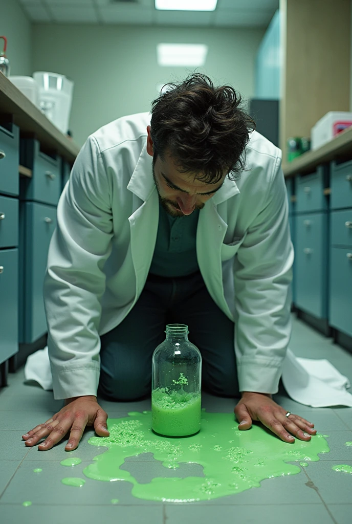 A laboratory in the near future. Superman, naked and in his underwear, is lying unconscious in a vertical transparent tube. He has green slime poured over his head and is unconscious. He is naked and hairy, and his tiny underwear is bulging.