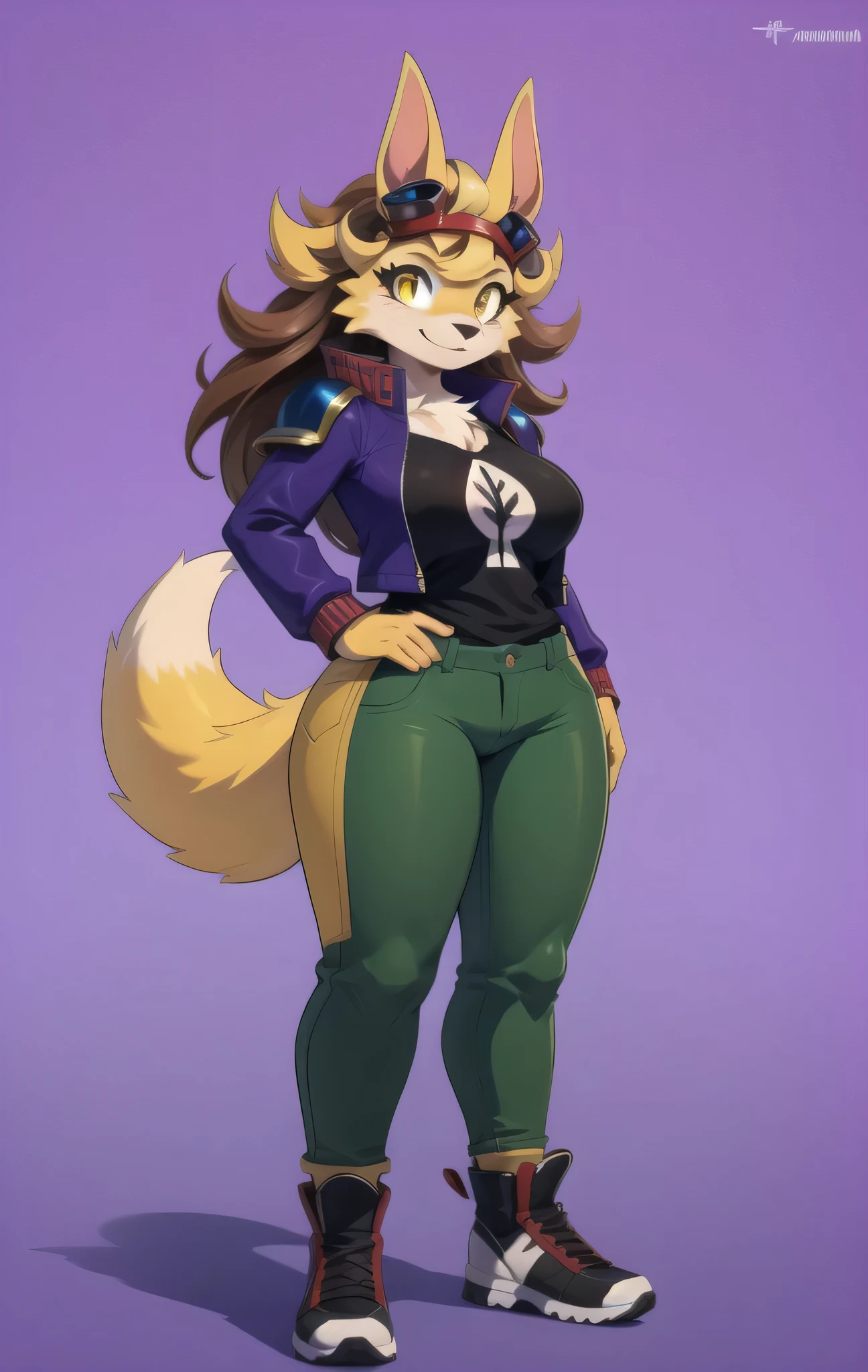 susielora, 1girl, solo, long hair, breasts, looking at viewer, smile, large breasts, simple background, brown hair, shirt, long sleeves, closed mouth, standing, jacket, tail, full body, yellow eyes, white shirt, open clothes, shoes, pants, black footwear, , colored skin, own hands together, denim, furry, purple background, jeans, furry female, blue pants, purple jacket, purple skin, (icone de um jogo), (icone de peitoral : 1.5), um peitoral , peitoral marrom, chest plate, peitoral pesada marrom, peitoral grosso, peitoral de Armadura intrincada, peitoral de armadura de fantasia pesada, peitoral detalhado, armadura ornamentada, peitoral de Armadura Paladina, peitoral dearmadura de batalha, intrincada peitoral armadura ornamentada, armadura pesada do peitoral, peitoral armadura de fantasia, peitoral armadura volumosa, armadura pesada, Magic leather armor breastplate, intricate legendary armor