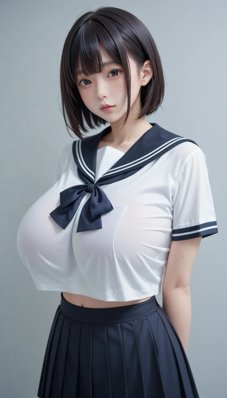 play sports often, short ponytail、(sailor suit:1.5)、No panties,(pleated skirt:1.3) (Cyberpunk settings: 1.2), compensate,, (1 girl: 1.4), highest quality, masterpiece, (reality: 1.2), young woman, lady, detailed face, fine eyes, fine hair, fine skin, looking at the viewer, dramatic, vibrant, sharp focus, 50mm, f1.2, EOS R8, (3/4 body: 1.2), (Overall image:1.8), (complex background: 1.6), (highest qualityの詳細: 1.2), 8K HD,(huge breasts:1.8)、(complicated position:1.3)、(Cracking abs:1.3)、
