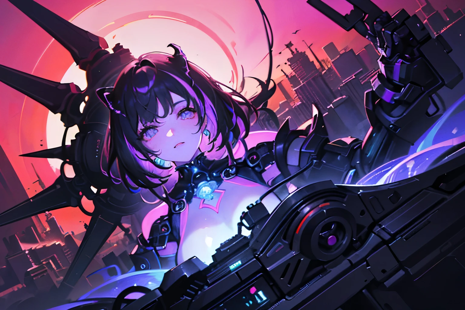 masterpiece, detailed art, detailed background, detailed eyes, little girl, robotic body, robotic eyes, purple eyes, black robotic body, damaged body, robotic wings, sunset city background, sit on the throne