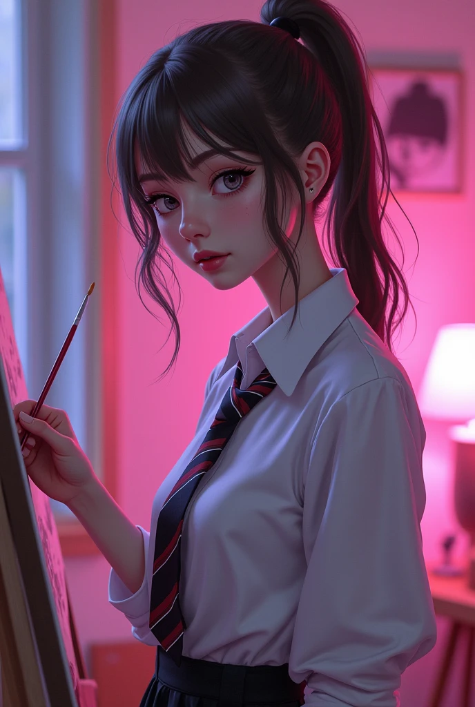 1girl, widow-normal, ponytail, colored skin, purple skin, <lora:widowmaker-lora-v1.5-128dim-20ep:0.7>, school uniform, wecl, see-through, wet, wet hair, rain, looking at viewer, beautiful detailed face, <lyco:wet clothes:0.6>, <lora:add_detail:0.5>, ((masterpiece)), (best quality), 8k, ultra-detailed, absurdress IVE detailed trending on artstation, oil painting brush