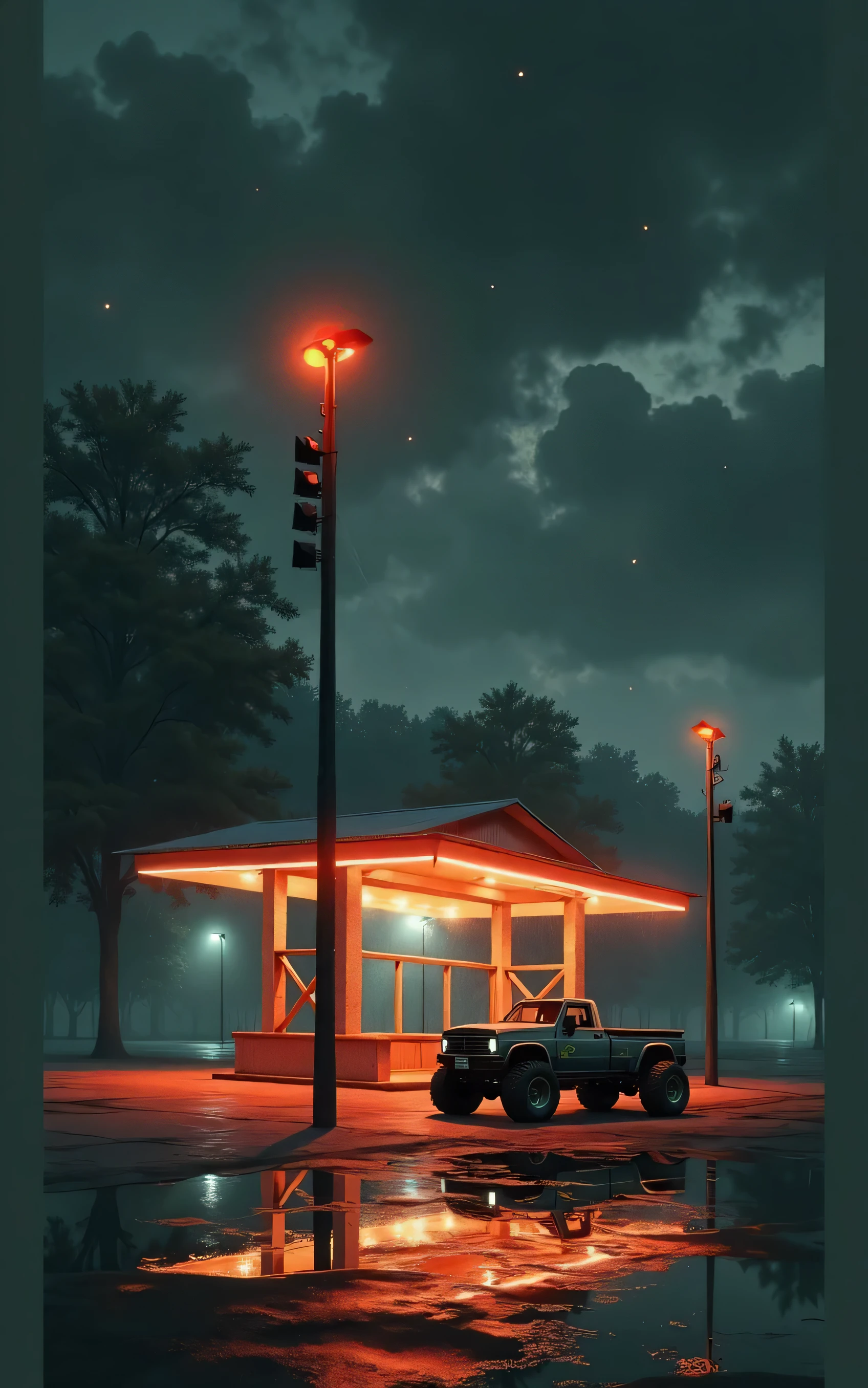 Monster truck, neon glow, dark shadows, water puddles, rainy, aesthetic, digital painting, high detail