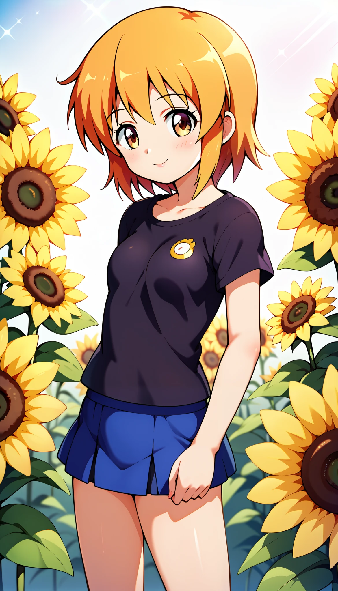 Chica de dibujos animados en un campo de girasoles con una faja roja, protagonista femenina 👀 :8, cuerpo completo:: Clima soleado::, de pie en un campo de flores, Hermosa chica de anime girasol, girasoles en el fondo, escena : Campo de girasoles, escena: Campo de girasoles, Fanart oficial, en estilo anime, caliente con sol brillante, en un estilo anime, De pie en el campo de flores
