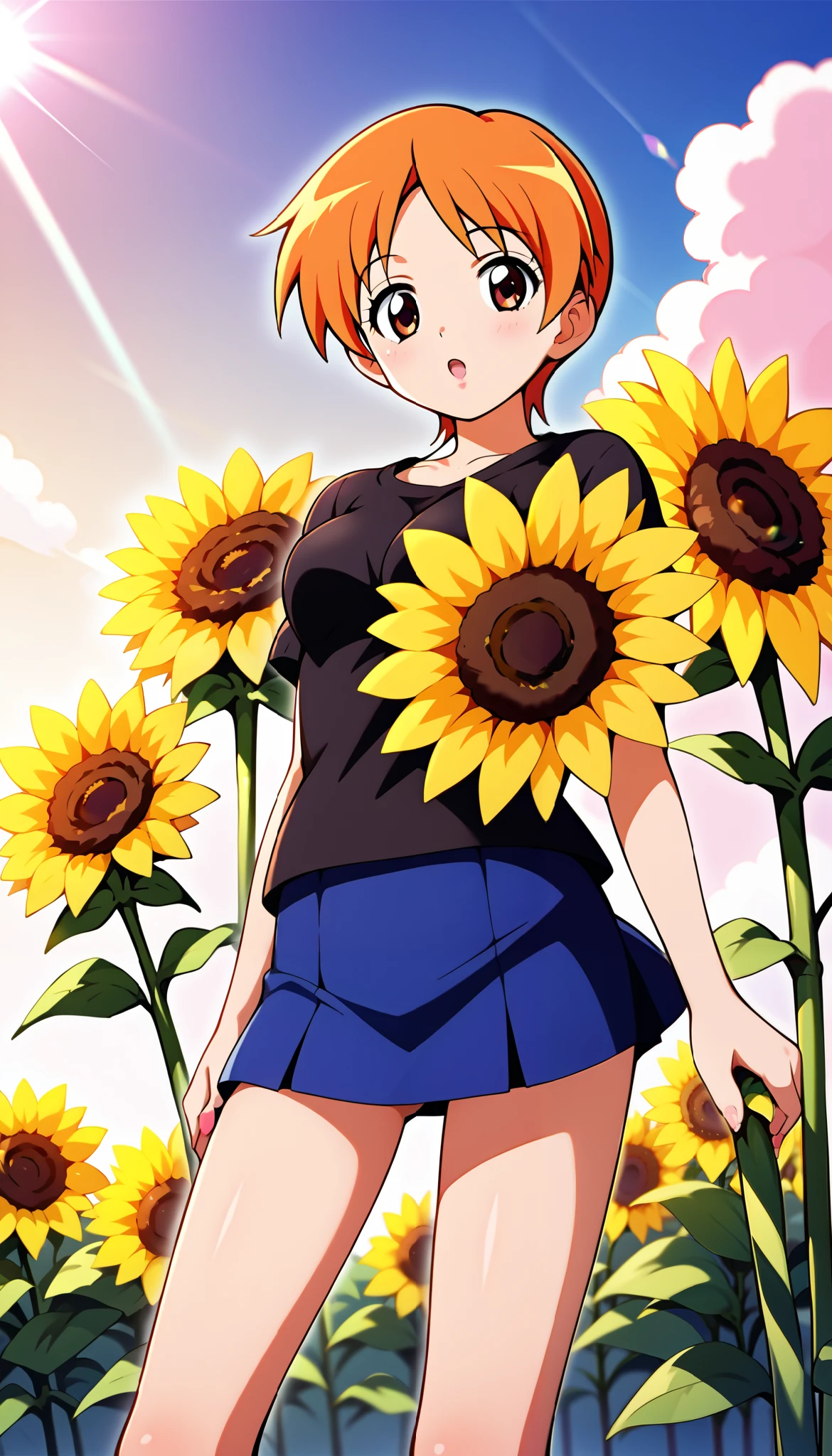 anime girl in a short skirt and a black shirt standing in a field of sunflowers, beautiful sunflower anime girl, anime style 16k, anime art wallpaper 16k, anime style. 16k, 16k anime wallpaper, 16k manga wallpaper, anime visual of a cute girl, anime art wallpaper 16k, anime art wallpaper 16k, anime wallpaper 16k, close-up, Cubist Futurism, Conceptual art, masterpiece, super detail, high details, anatomically correct