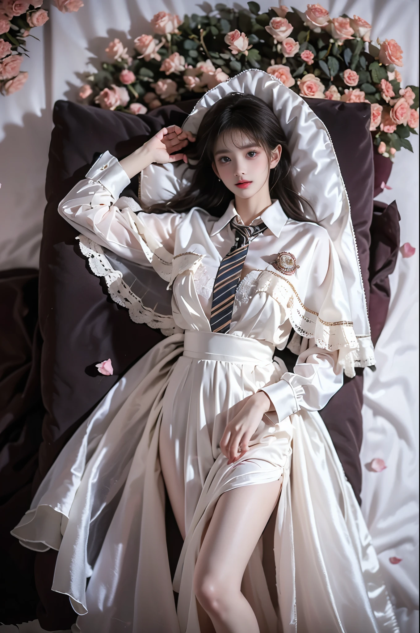 cyb dress, collared shirt, long sleeves, necktie, capelet, frills, badge, long dress ,,(photorealistic:1.2), (from above:1.3), beautiful woman, (Full bust, visible cleavage, very short hemline), (A lot of scattered rose petals, flying petals), fashion model, long legs, laying on luxury bed in classical romantic bedroom, knee bent upward, delicate fingers lifting skirt hem to thigh, (perfect body proportions:1.3), anatomically correct legs, elegant pose, soft ambient lighting, shallow depth of field, 85mm lens, high-end fashion photography, detailed skin texture, fine fabric details, (high quality:1.4), masterpiece, 8k uhd