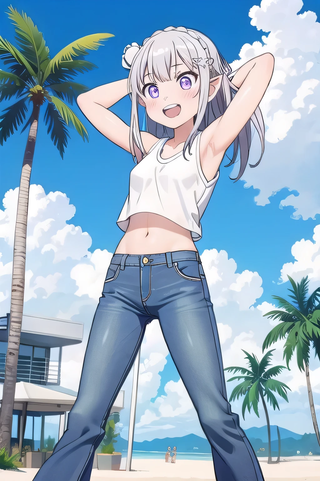 masterpiece,best quality,ultra detail, ((Perfect Face, Perfect Arms, Perfect hands, Perfect Fingers)), 1girl, , peti ((round face, ecstasy, orgasm face, drooping eyes, shame smiling, blush)), dropping eyes, sleepy, Open mouth, ((White teeth)), background((under the beach, (day:1.2), palm tree, bright sky)), emilia, braid, crown braid, flower, hair flower, hair ornament, hair ribbon, long hair, pointy ears, (purple eyes:1.2), white hair, x hair ornament, ((arms behind head, hands behind head, fingers behind head)), contrapposto, spread armpits, looking at viewer,, (white tank top:1.2), (white crop top:1.2), (jeans pants:1.2, flares jeans:1.2, skinny jeans:1.2, blue jeans:1.2), standing, (legs spread:1.4), sex pose, Sweaty crotch, Steam from the crotch, from below, ((full medium body))