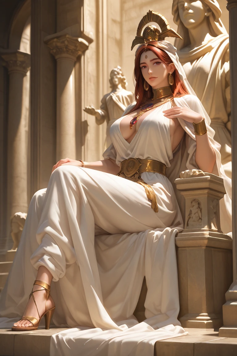 (masterpiece, best quality:1.4), (8K), Young brunette beauty, (((18 years old, neat girl))), detailed blue eyes, long eyelashes, (blush), upper body, ginger hair, white-skinned, long hair, (((Huge breasts))), Greek goddess, (((Massive Female Bodybuilder))),Garland crown,greek clothes,Tulle covers the breasts,perfectly proportioned, Detailed clothing details, Temple,marble,god statue,Cinematic lighting, lightand shade contrast