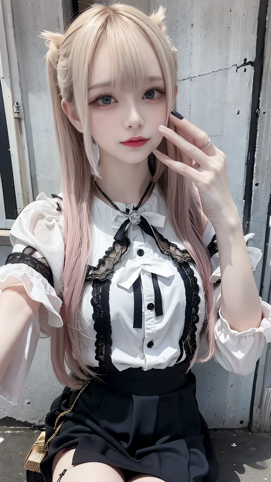 Araffe girl with pink hair and black and white dress posing for a ...