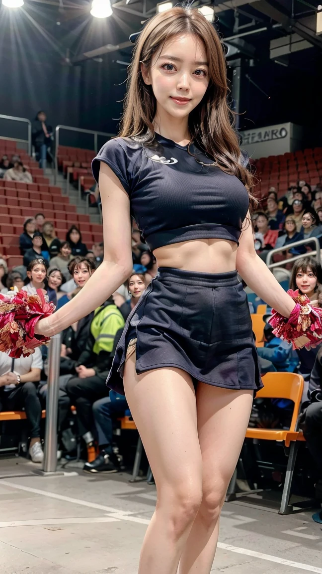 (Best-quality, Masterpiece, Ultra-High-Resolution, (Photorealistic:1.4), Raw Photo, depth of field, professional lighting, perfect ???????, extremely details), 1girl, 15-years-old, the most famous Japanese idol, portrait, (wearing cheerleading costume with cute-design, detailed cheerleading-costume-with-cute-design), dancing on stage of school festival, detailed stage-of-school-festival, upturned ass that covered cheerleading-bloomers, ((extremely cute face like the most popular Japanese idol, ((extremely cute big-black-eyes)), extremely cute hair, extremely cute skins, extremely cute long-eyelashes, extremely cute lips, extremely cute childish-body, extremely cute thighs)), looking at viewer, innocent smile, dynamic pose, (((feeling extremely strong sexual arousal and extremely strong sexual pleasure):1.3))