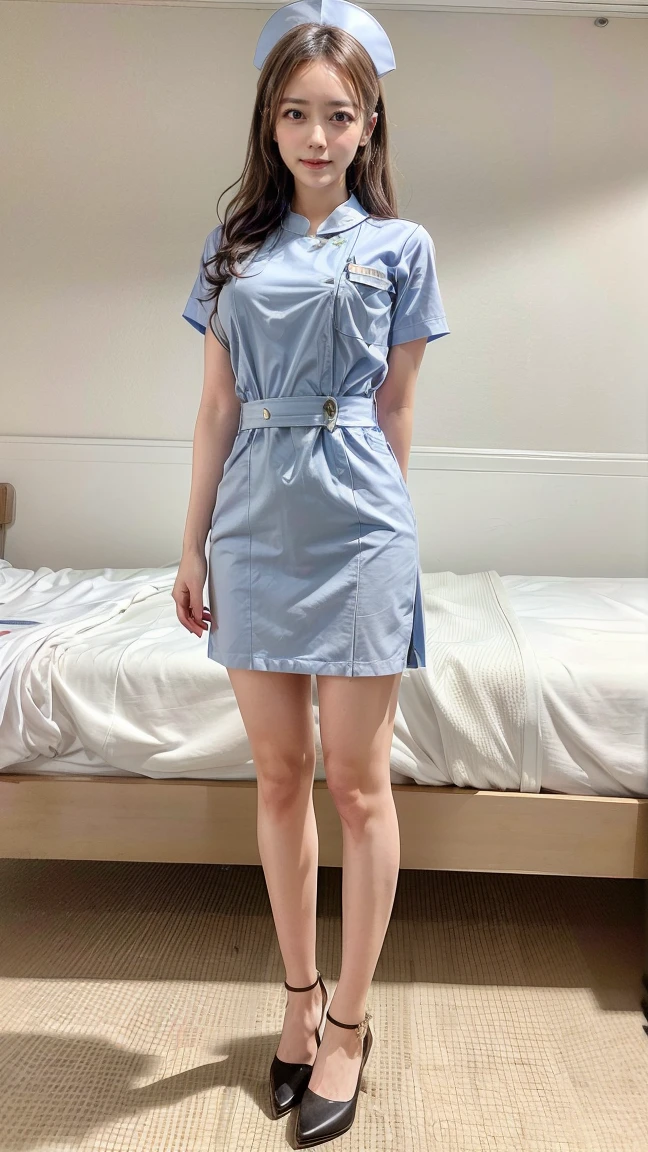((optimal quality, 16k, Hi-Def，masterpaintings:1.3)), Young beautiful nurse，Cinematography，shooting full body：1.8, 2 beauties with perfect figures:1.2, Melon seed face：1.2，Small head：1.2，Slimming the waist：1.2，Slim:1.2, (( Stylish short hair，Air bangs：1.5，Medium breasts and beautiful breasts:1.2)), (Long white nurse's uniform with buttons:1.5，The nurse's uniform is super realistic and detailed：1.2，White nurse hat：1.2) , (Peaceful outpatient hall:1.3), Fair and crystal clear skin：1.5，Perfect white thighs：1.2，Fair and rounded calves：1.2，White tender toes：1.2），Fashion brand stiletto heels：1.2，Highly detailed facial and skin texture, detailed eye, 双眼皮，Whitens glowing skin，Smiled：1.2，blissful：1.2，Baring teeth，Baring tongue，（The eye，Gloss on lips，pores，super detailing，Faces are super realistic and detailed），Wide lighting，naturalshadow，Stand dignified：1.2，Shoot from the back，Displayed from the back，Show the perfect waist and hips wrapped in a nurse's uniform，shooting full body：1.8
