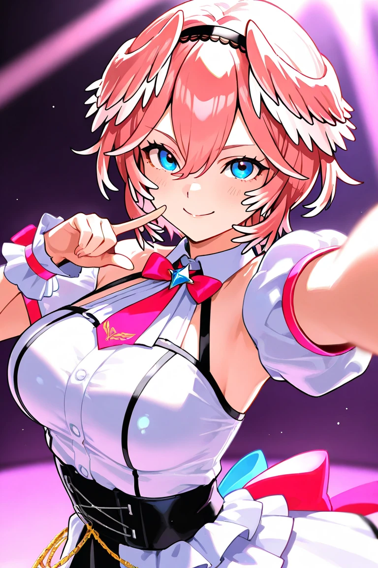 (Perfect body),Best Quality,(8K Portrait),(Official art)、((NSFW))、(((((Lori)))))、((((Wavy mouth))))、(((:D)))、(((blush))),(((((flat chest)))))、small tits、((Big ass))、((Pink hair),((Short hair))、waved hair、(Orange Eyes)、(((thick thighs)))、((((White bodysuit))))、(((pink ruffle skirt)))、(Armpits)、(((((Short stature)))))、(((Jumping)))、(((Light blue striped panties)))、((Nekomimi))、((headphones))、Cowboy Shot、both hands behind head、stage