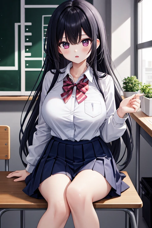 Black  long hair , classroom , school uniform , breasts cup c, white shirt, short sleeves, thick thighs , black skirt , black stockings , black high heels,spread legs ,in classroom, , smile , 4k High quality ,  tall body , perfect body in every way