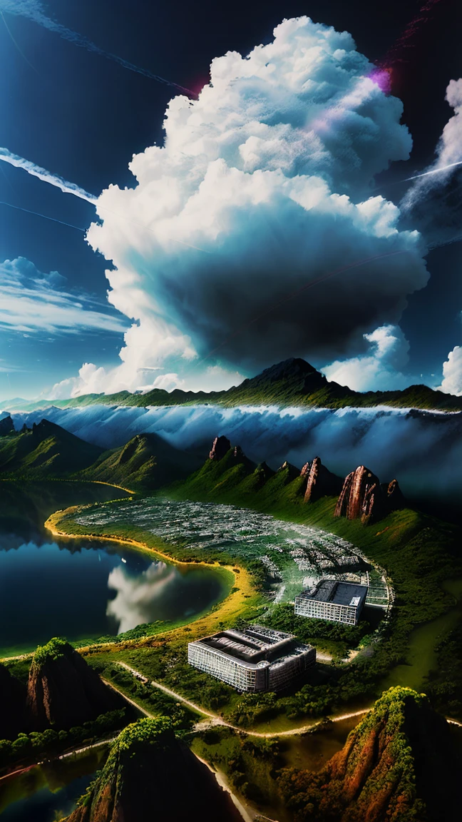 Purple sky，White clouds and water，Panorama wide angle，The horizon is connected to the sky，Large viewing angle，Ancient Chinese city community
