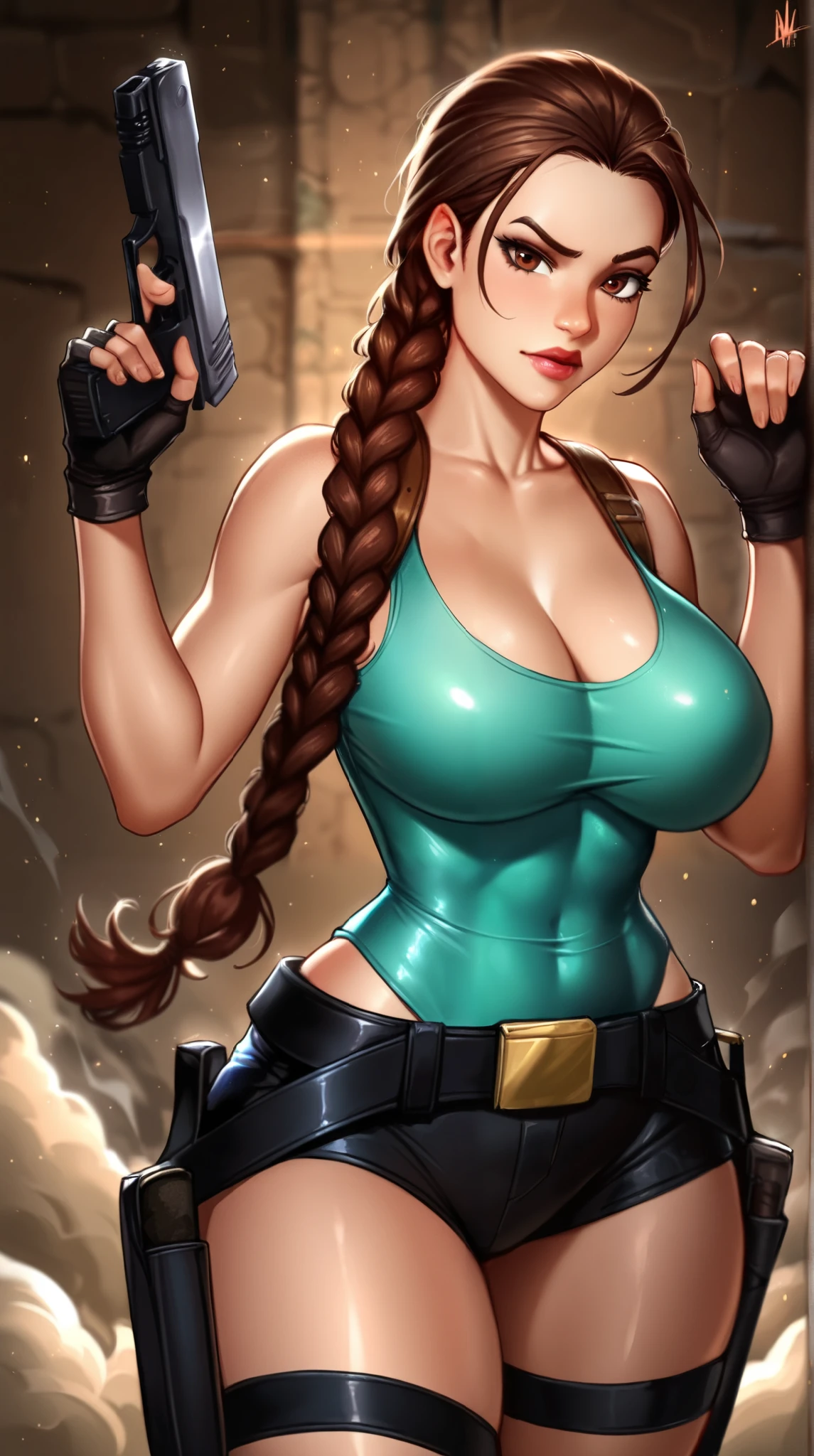 masterpiece, pants, very aesthetic , absurdities , BREAK, 1girl, looks at the viewer , cowboy shot,
Lara _classical, brown eyes, Brown hair , braided tail , long braid , blue torn tank top naked tits, short shorts , fingerless gloves, black gloves , hip strap , hip holster , belt, red knives , cleavage , lips, makeup, red lipstick,
big breasts, lips, interspersed with leather , narrow waist , raised eyebrow , hands up, hold weapons , holds a weapon ,
abstract background, specific , against the wall, particles of light , dust, shiny leather,