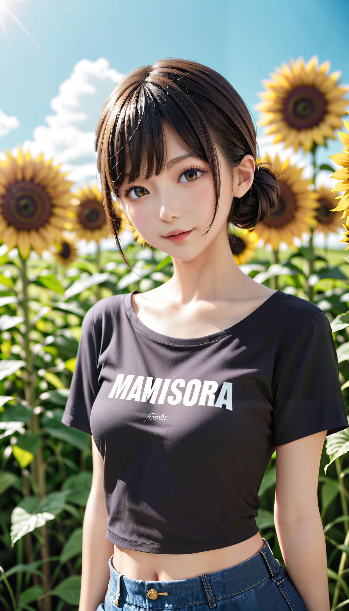 (8k, RAW Photos, highest quality, masterpiece, Realistic, Realistic), (1 female), (Ultimate beauty), Highly detailed face, (Perfect Teeth), Beautiful Eyes, double eyelid, eyelash, smile, Lip details, Brunette Bob, The light shines on your face, Big Breasts, ((T-Shirts)), (Tight mini skirt), (background: garden), ((Written boundary depth))