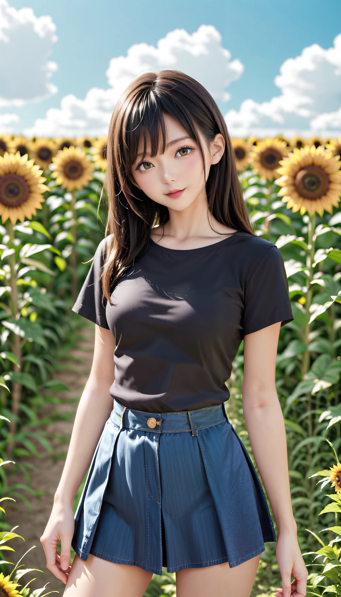 anime girl in a short skirt and a black shirt standing in a field of sunflowers, beautiful sunflower anime girl, anime style 16k, anime art wallpaper 16k, anime style. 16k, 16k anime wallpaper, 16k manga wallpaper, anime visual of a cute girl, anime art wallpaper 16k, anime art wallpaper 16k, anime wallpaper 16k, close-up, Cubist Futurism, Conceptual art, masterpiece, super detail, high details, anatomically correct