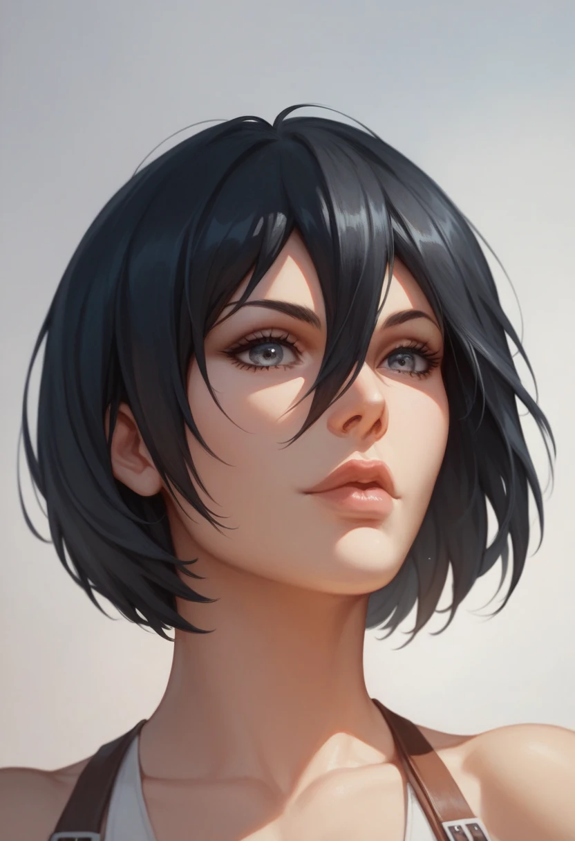 1girl, mikasa ackerman, (black hair:1.3), hair between eyes, short hair, sideburns, gray eyes, lips, cleavage, close up, solo, lips,, masterpiece, best quality,nsfw