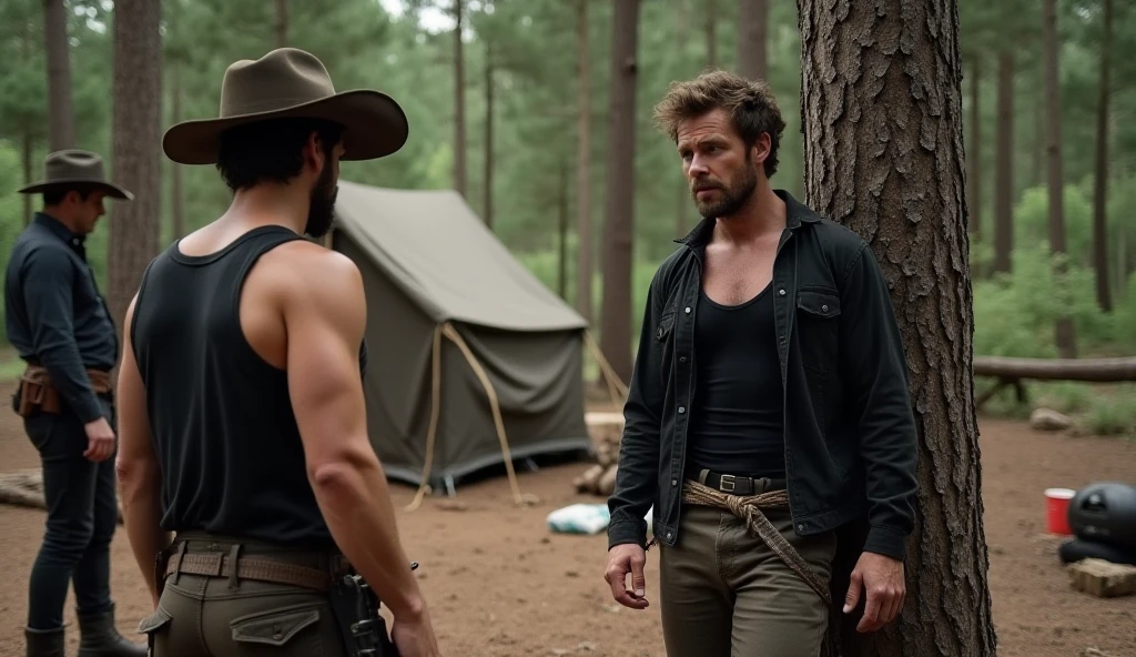 A handsome attractive man with a hat and a black cowboy dress getting out of a car with a young handsome shirtless skinny white gay man introducing his grandparents to his boyfriends on a farm
