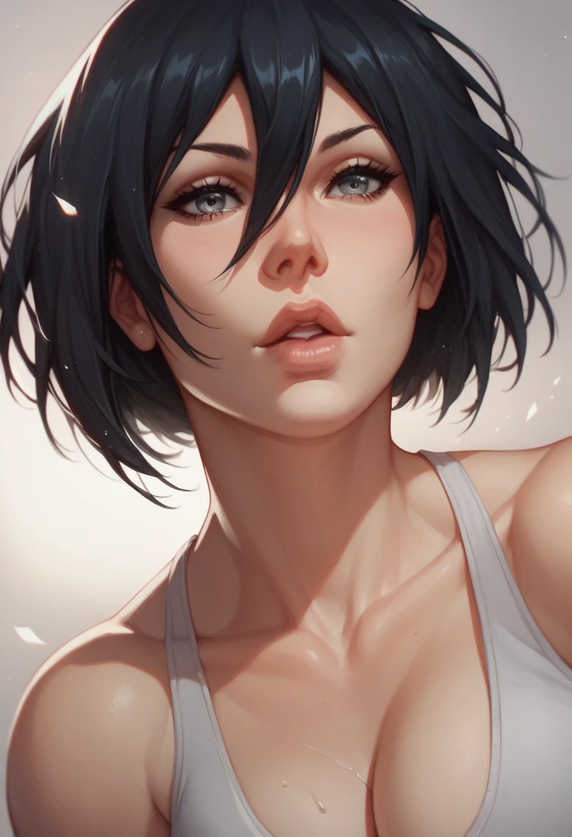 score_9, score_8_up, score_7_up, source_anime, rating_safe, intricate details, anime screencap, anime coloring, official style, , 1girl, solo, mikasa_ackerman, black hair, black eyes, , hair between eyes, long hair, lips, asymmetrical, times square, dark, stretching, wavy mouth, , indoors, talking, open mouth, looking at side