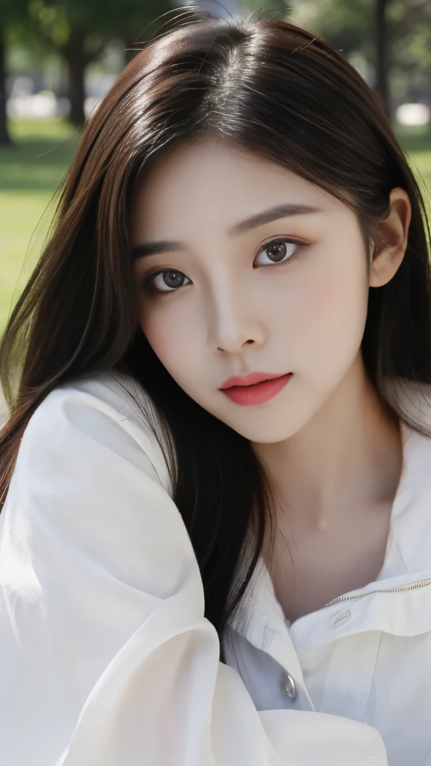 ((Masterpiece, RAW Photo, high quality, super detailed)), 1 girl, best quality, Delicate face，Delicate face，Perfect face, ((lying silkworm eyes)), pale skin, (realistic, photo-realistic:1.3), simple outfit, in the modern park