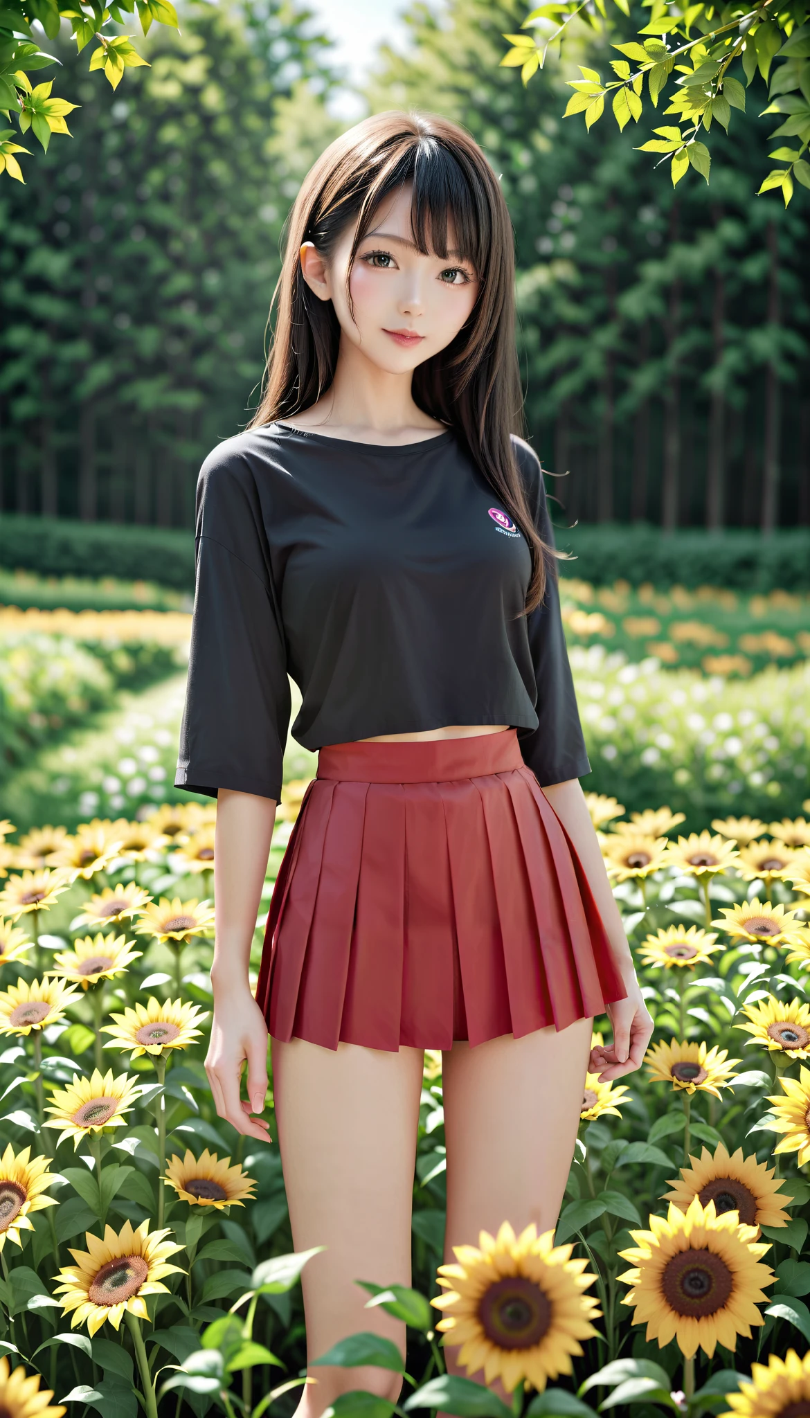 anime girl in a red short skirt and a black shirt standing in a field of flowers, beautiful sunflower anime girl, anime style 16k, anime art wallpaper 16k, anime style. 16k, 16k anime wallpaper, 16k manga wallpaper, anime visual of a cute girl, anime art wallpaper 16k, anime art wallpaper 16k, anime wallpaper 16k, close-up, Cubist Futurism, Conceptual art, masterpiece, super detail, high details, anatomically correct