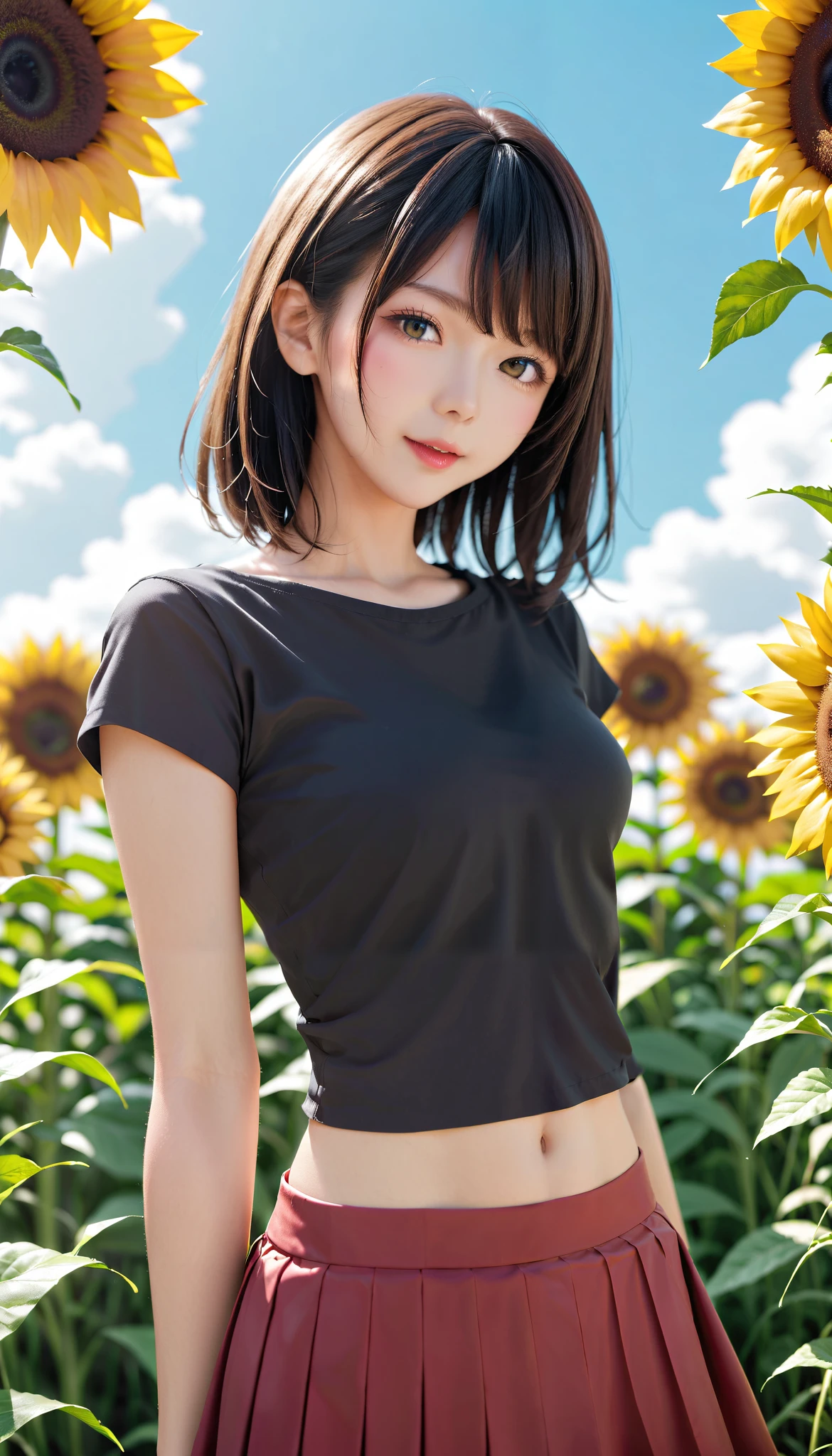 anime girl in a red short skirt and a black shirt standing in a field of flowers, beautiful sunflower anime girl, anime style 16k, anime art wallpaper 16k, anime style. 16k, 16k anime wallpaper, 16k manga wallpaper, anime visual of a cute girl, anime art wallpaper 16k, anime art wallpaper 16k, anime wallpaper 16k, close-up, Cubist Futurism, Conceptual art, masterpiece, super detail, high details, anatomically correct