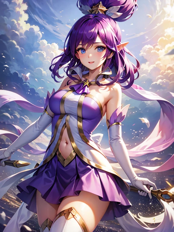 Magical girl Purple long hair Sharp Eyes A costume with a flashy design Flashy decorations on clothes mini skirt Great style A gentle smile charisma Sharp Eyes